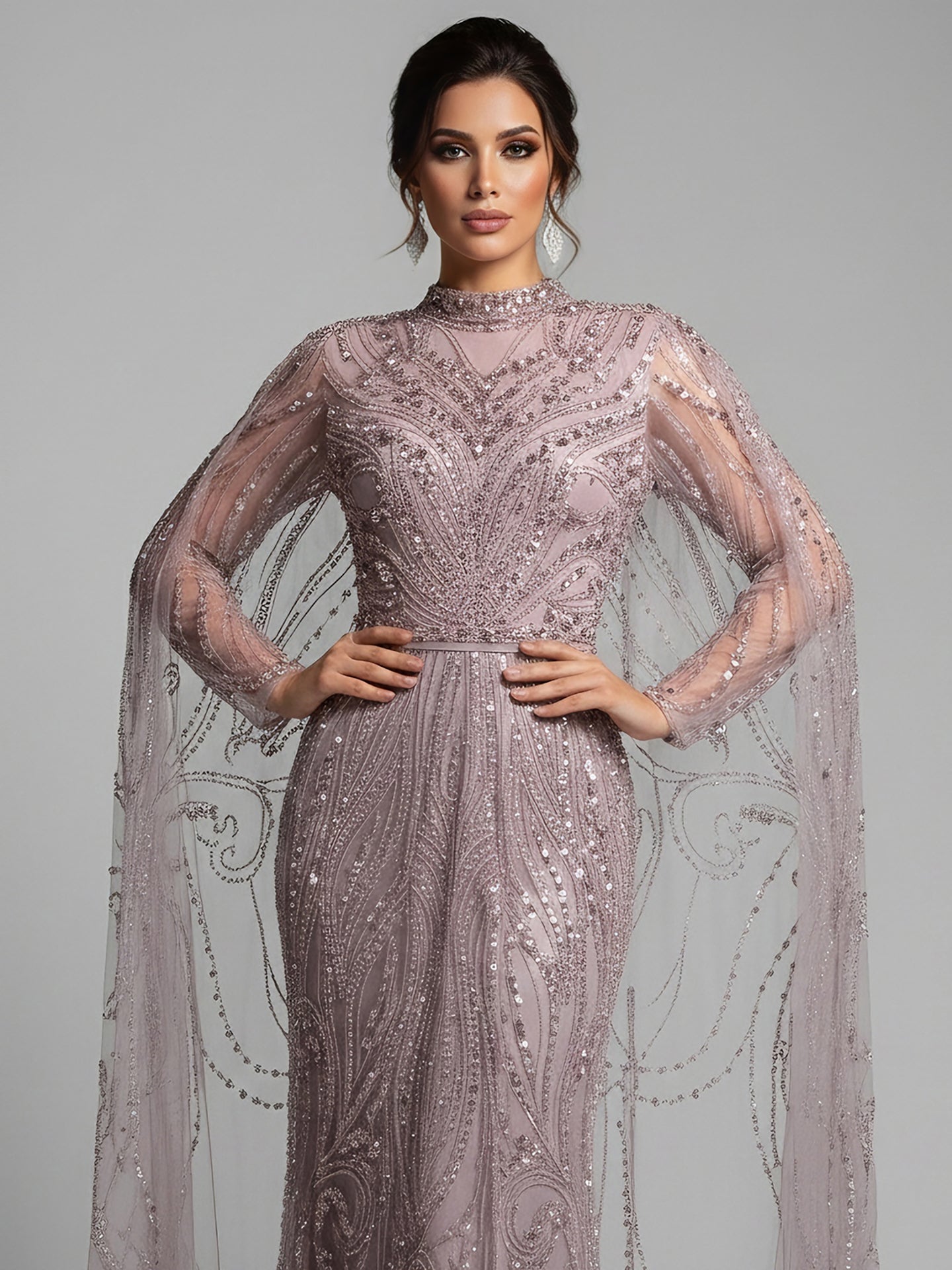 Luxury Sliver Hijab Modest Muslim Beaded Evening Dress LA73215 - SERENE HILL