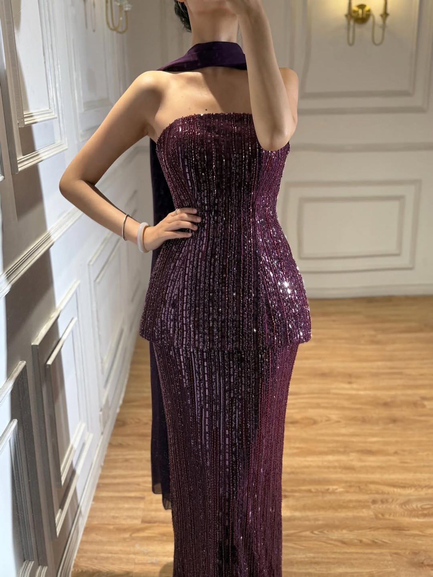 Elegant Arabic Designer Purple Two Pieces Evening Dress for Wedding Guest LA73219