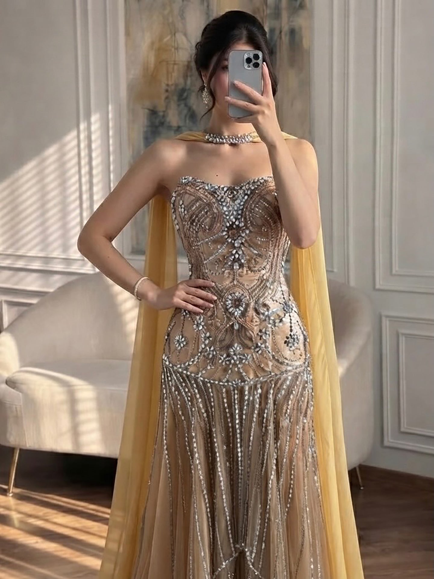 Luxury Gold Diamond Evening Dress with Cape for Wedding Party LA73224 SERENE HILL