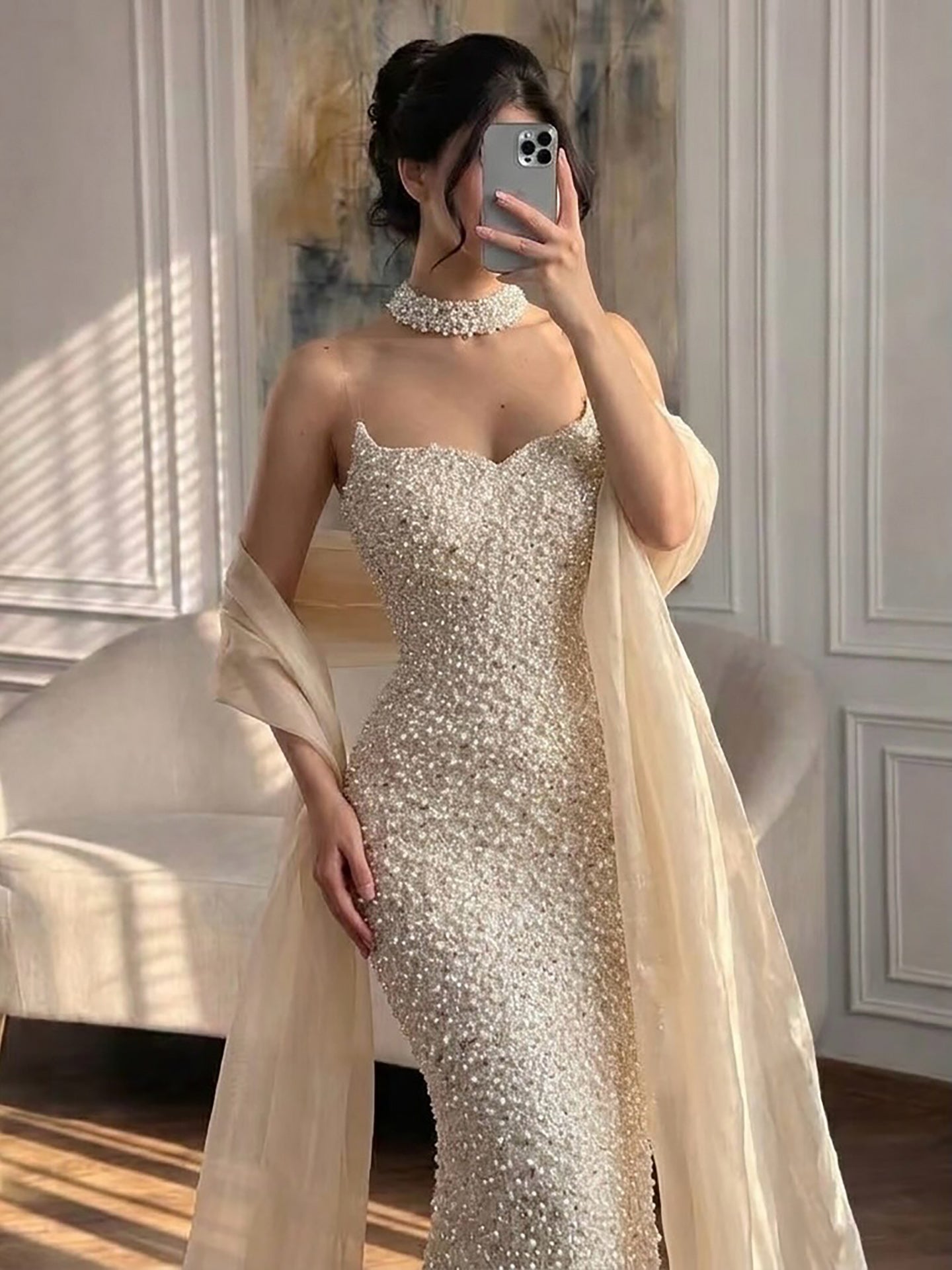 Luxury Beige Pearl Beaded Spaghetti Strap Mermaid Dress LA73225A SERENE HILL