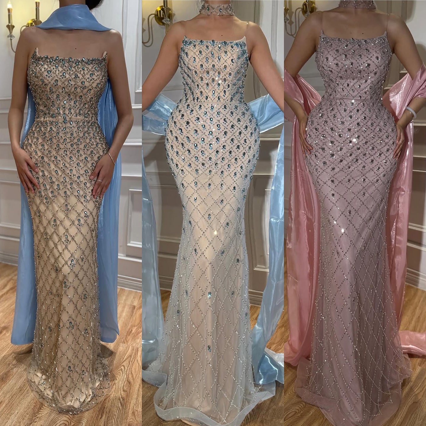 Luxury Blue Diamond Evening Dress with Cape Gown for Wedding Party LA73226 SERENE HILL