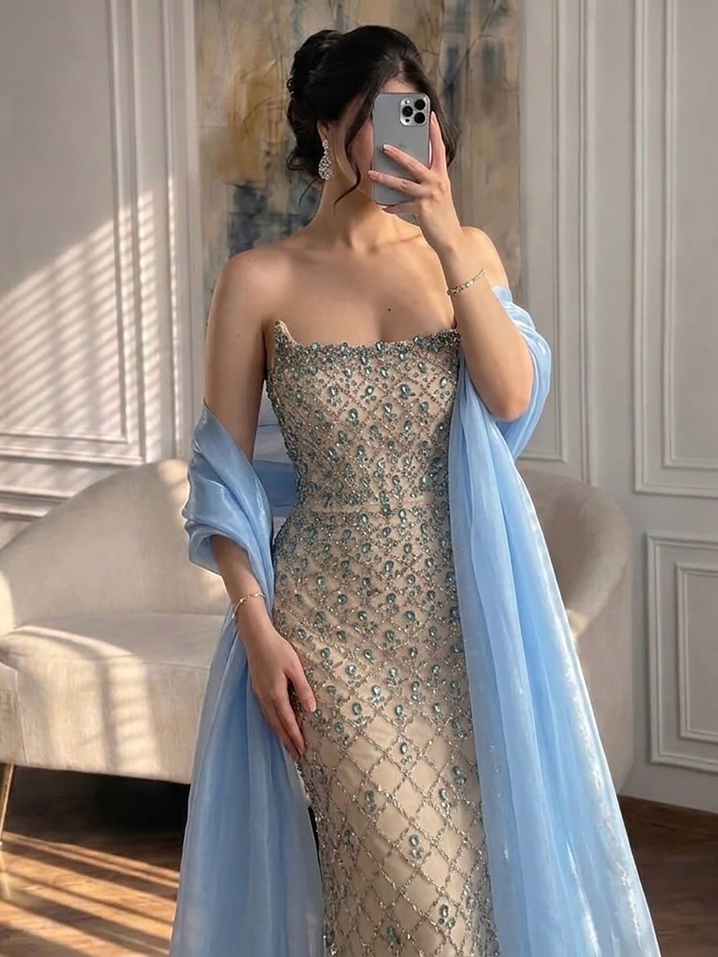 Luxury Blue Diamond Evening Dress with Cape Gown for Wedding Party LA73226