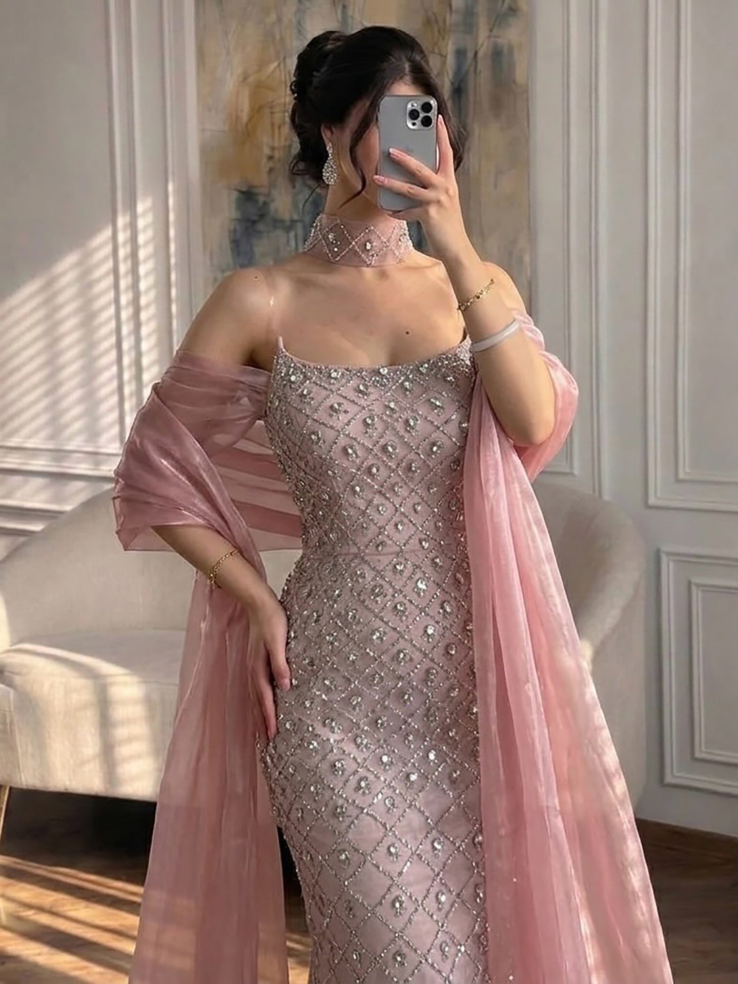 Luxury Blue Diamond Evening Dress with Cape Gown for Wedding Party LA73226 SERENE HILL