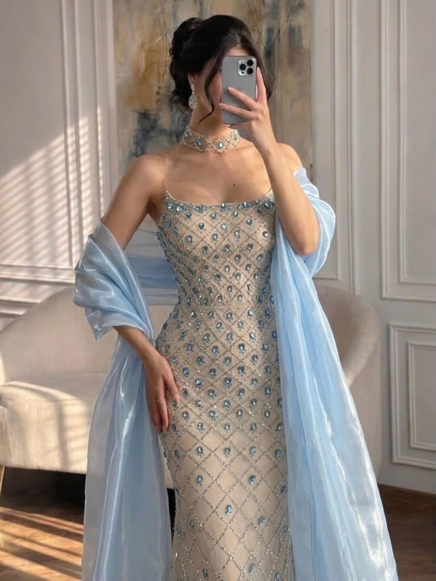 Luxury Pink Diamond Evening Dress with Cape Gown for Wedding Party LA73226A