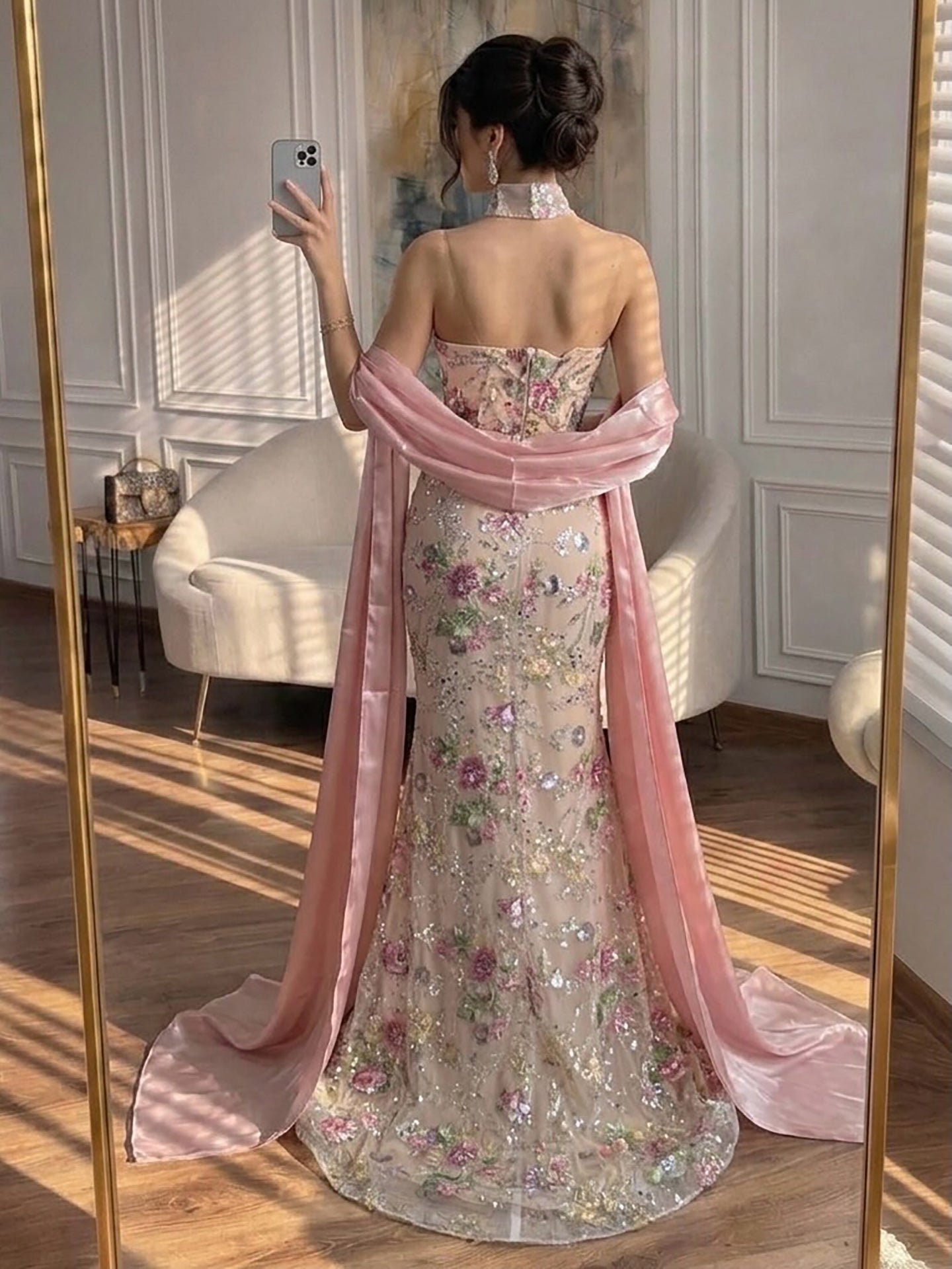 Luxury Pink Floral Beaded Mermaid Gown with Shawl LA73226B SERENE HILL