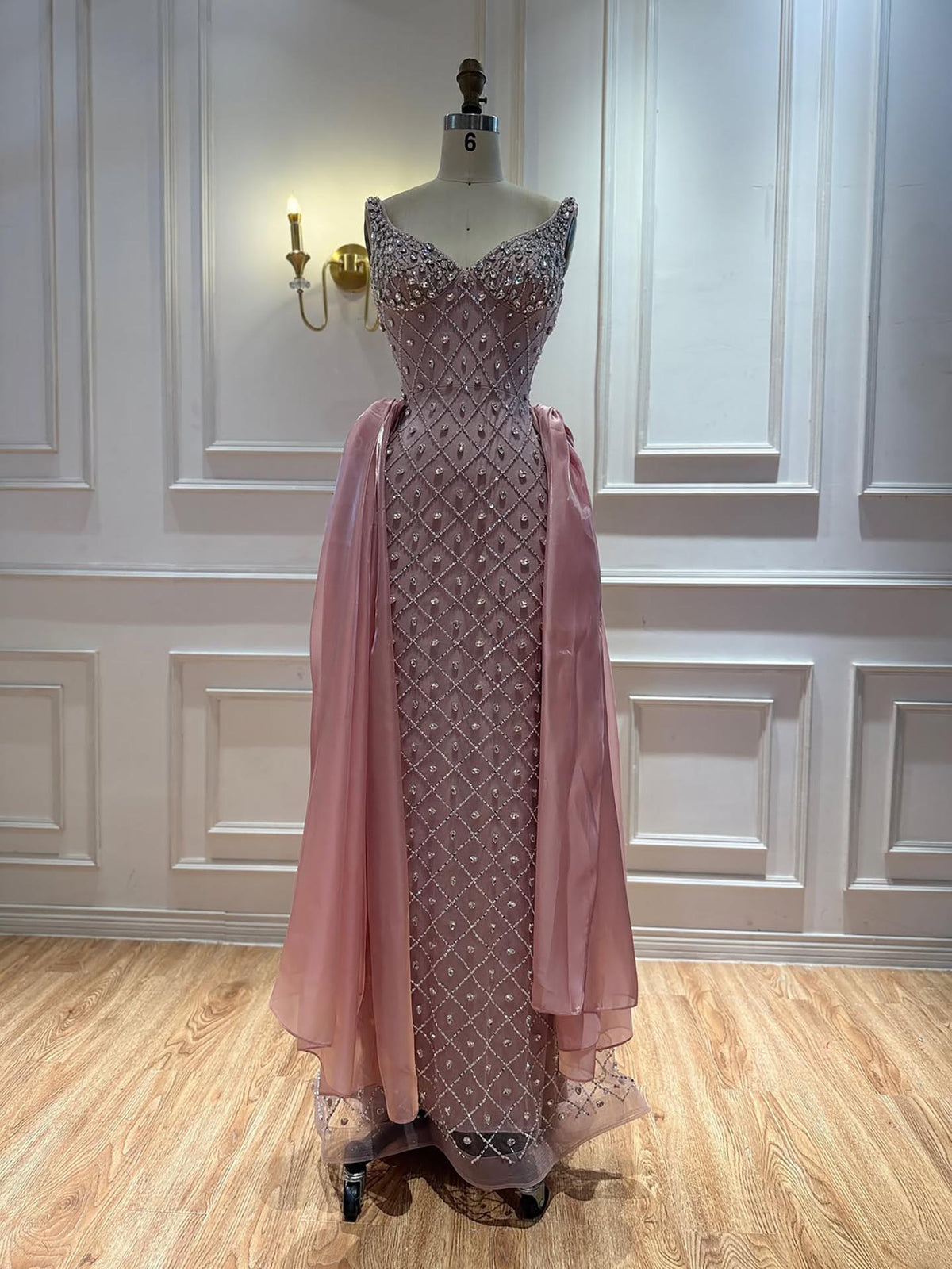Luxury Pink Crystal Beaded Mermaid Evening Dress LA73226C
