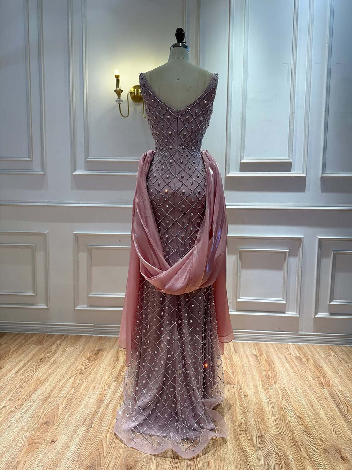 Luxury Pink Crystal Beaded Mermaid Evening Dress LA73226C