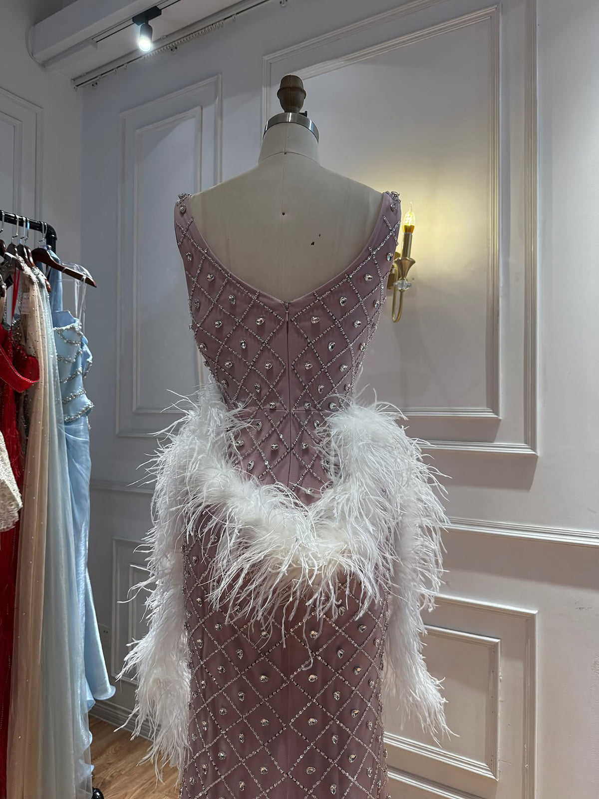 Luxury Nude Crystal Beaded Feather Mermaid Evening Dress LA73226D