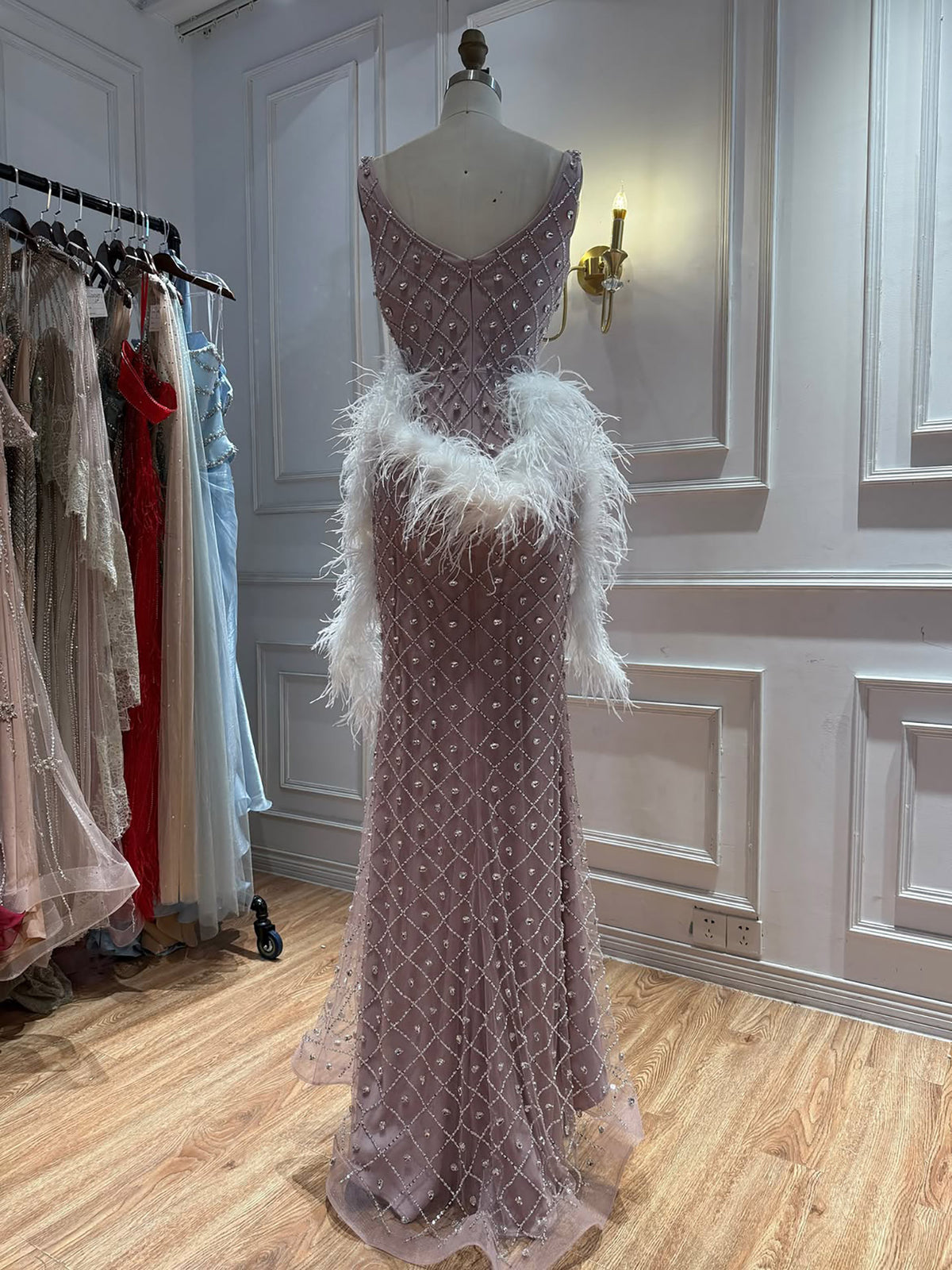 Luxury Nude Crystal Beaded Feather Mermaid Evening Dress LA73226D