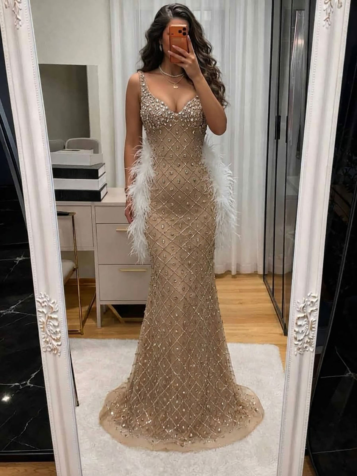 Luxury Nude Crystal Beaded Feather Mermaid Evening Dress LA73226D
