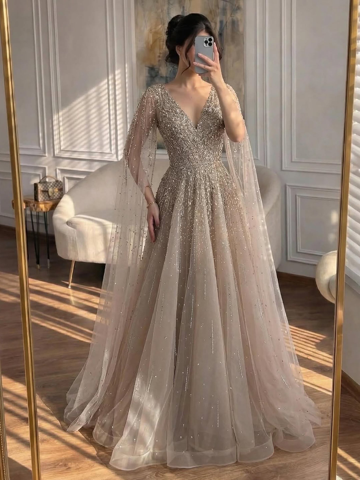 Luxury Caramel Dubai Evening Dress with Cape LA73269