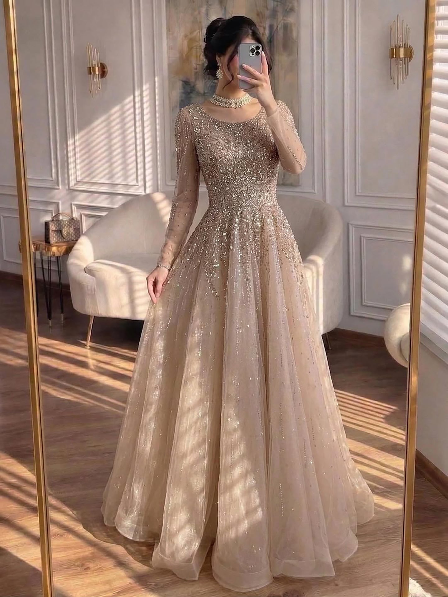Luxury Nude Long Sleeve Illusion Beaded A-Line Evening Dress LA73269A - SERENE HILL
