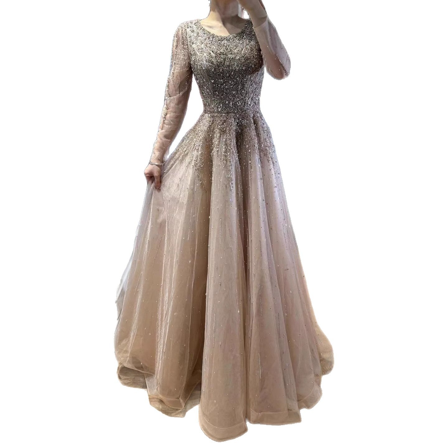 Luxury Nude Long Sleeve Illusion Beaded A-Line Evening Dress LA73269A - SERENE HILL