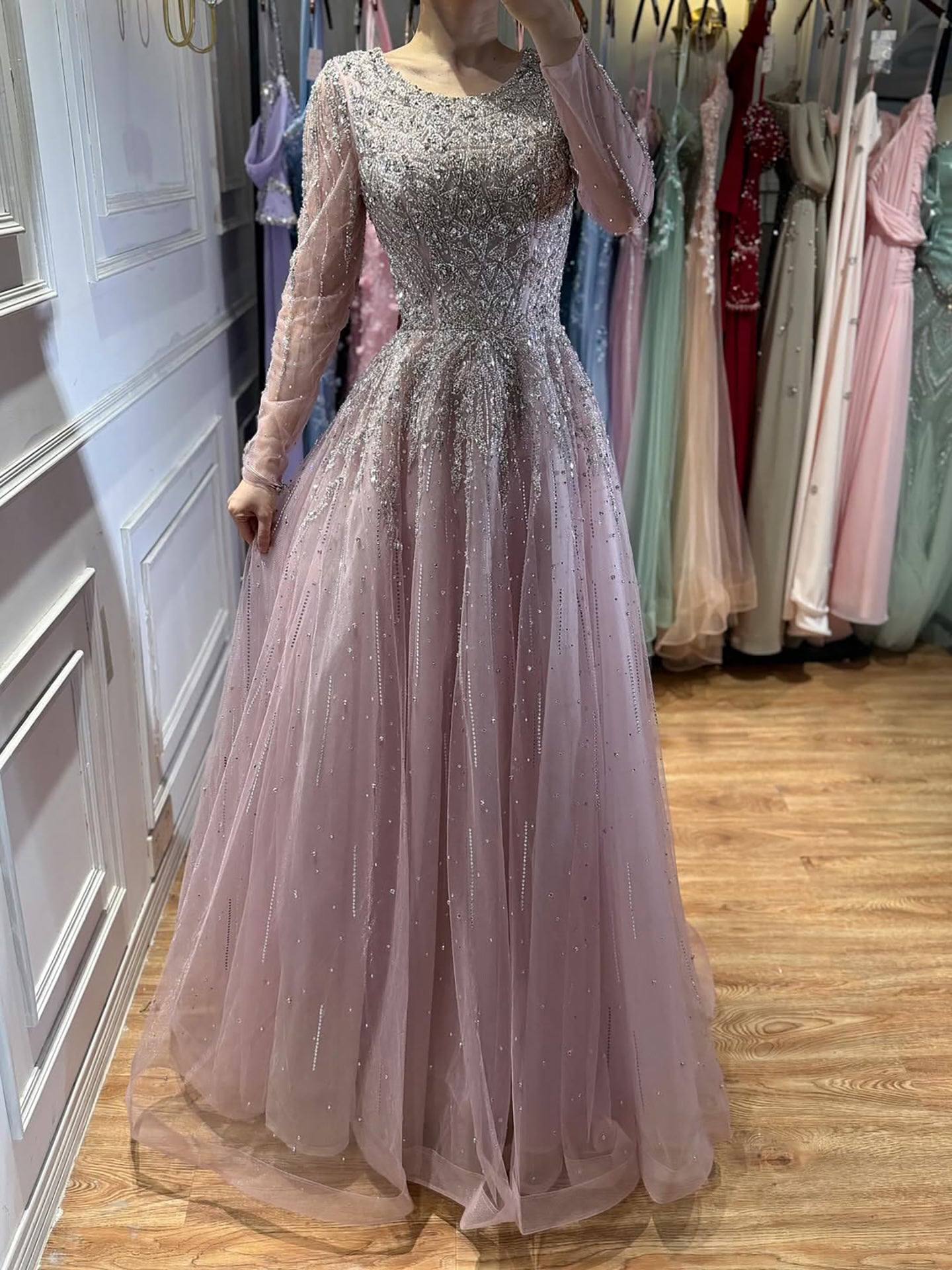 Luxury Nude Long Sleeve Illusion Beaded A-Line Evening Dress LA73269A - SERENE HILL