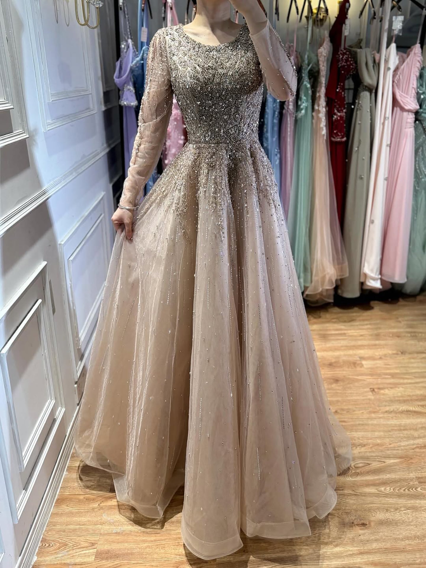 Luxury Nude Long Sleeve Illusion Beaded A-Line Evening Dress LA73269A - SERENE HILL