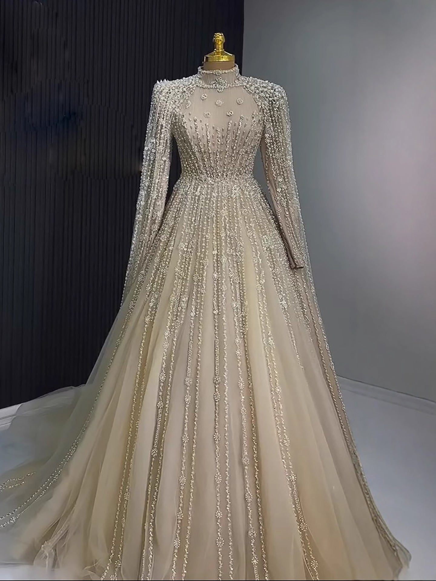 Luxury Nude Muslin Modest Beaded Evening Dress with Cape LA73271 SERENE HILL