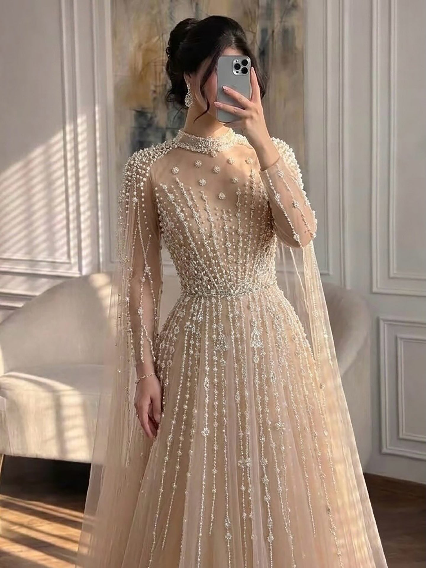 Luxury Nude Muslin Modest Beaded Evening Dress with Cape LA73271 SERENE HILL