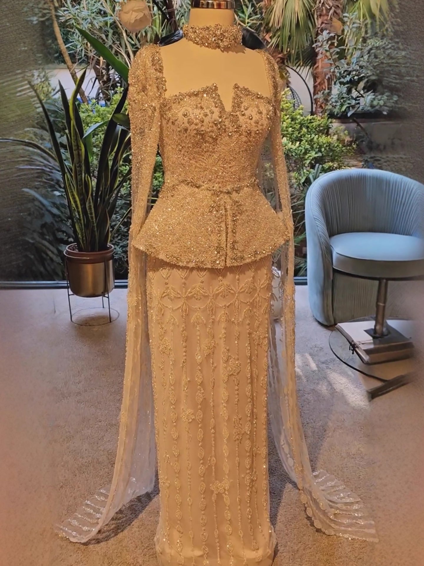 Luxury Nude Dubai Crystal Beaded Evening Dress with Cape LA73274 - SERENE HILL