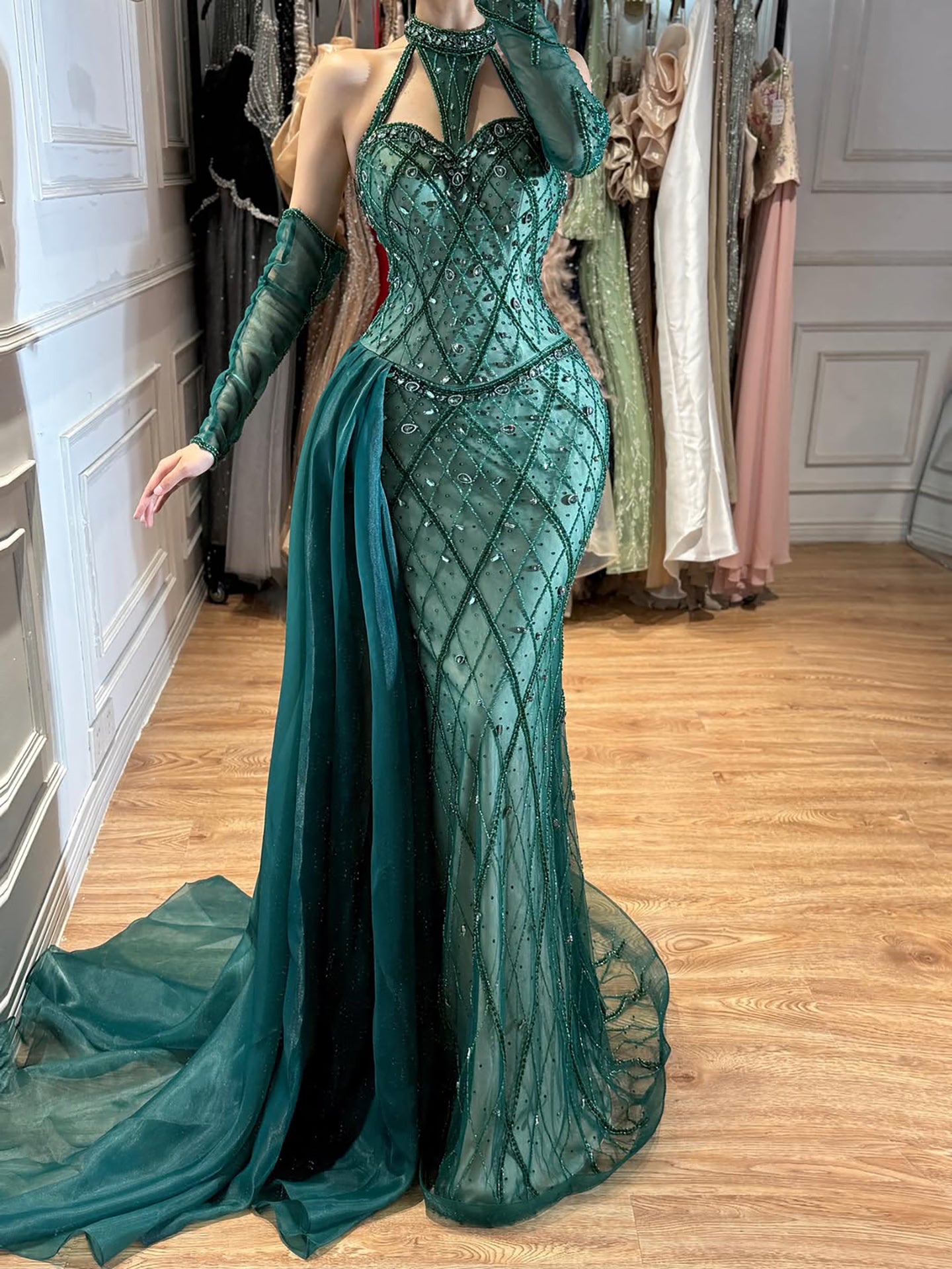 Luxury Green Halter Beaded Dubai Corset Evening Dress LA73322 SERENE HILL