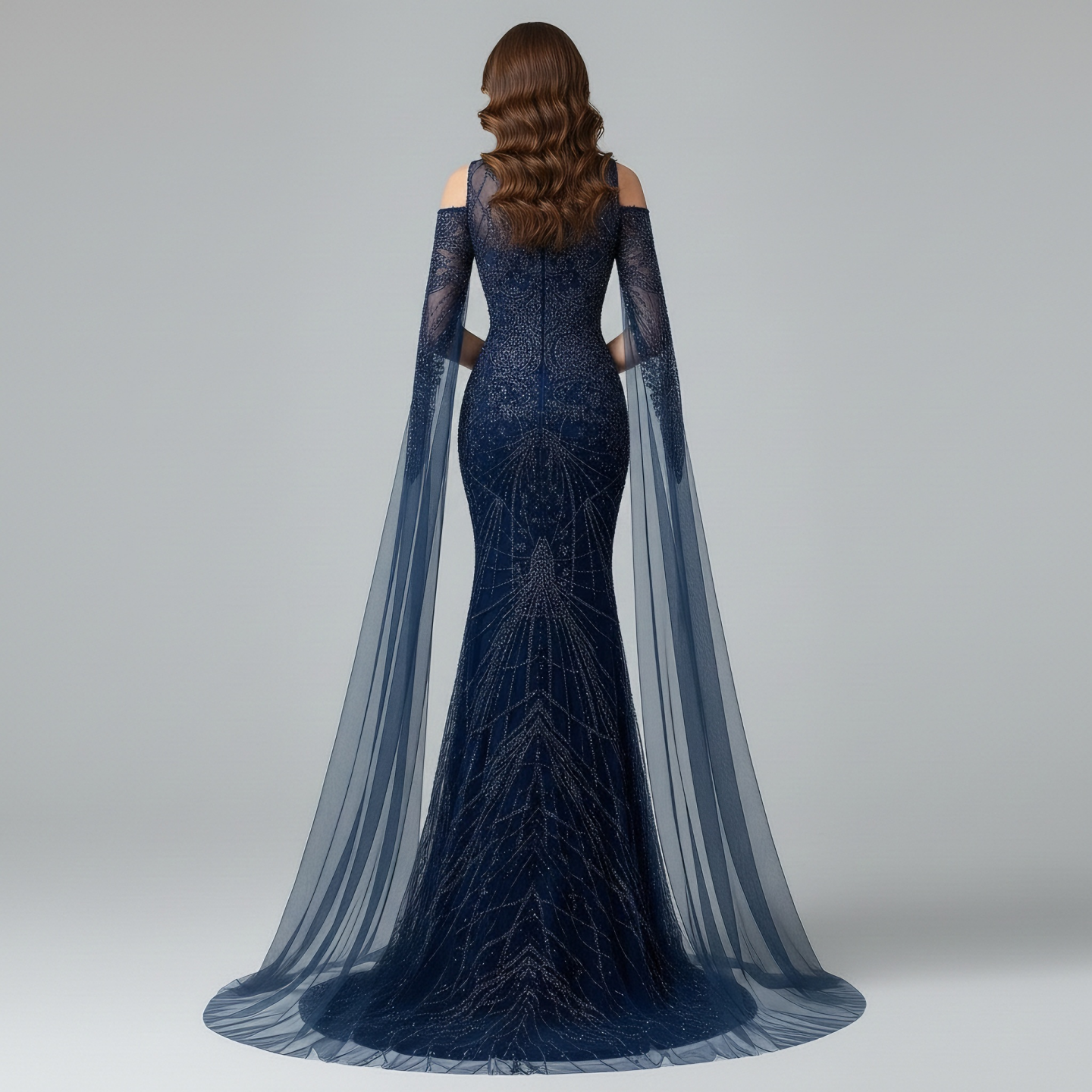 Luxury Dubai Navy Blue Beaded Lace Evening Dress with Cape Sleeves LA73323 - SERENE HILL