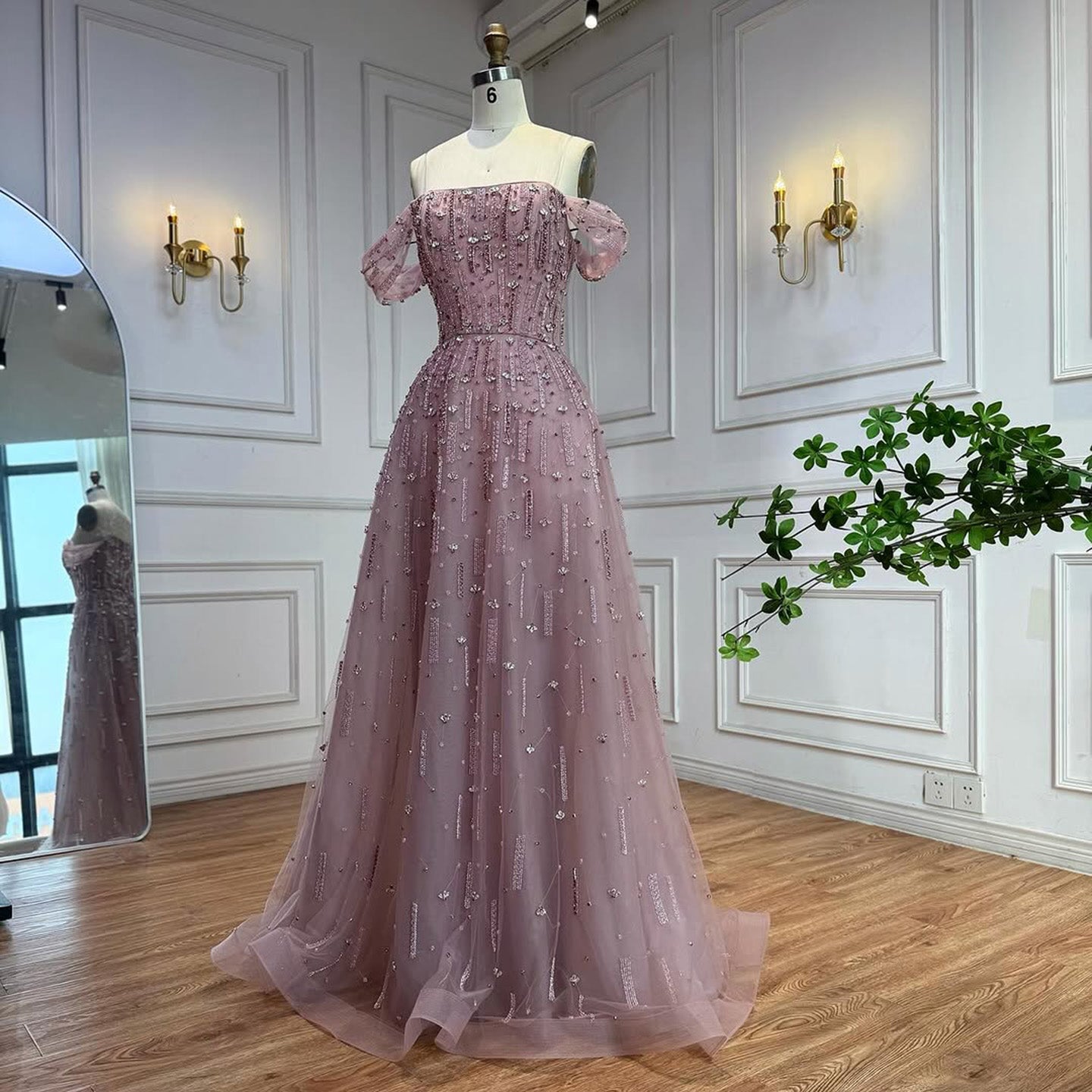 Luxury Arabic Pink Off Shoulder Beaded A-Line Evening Dress LA73326 - SERENE HILL