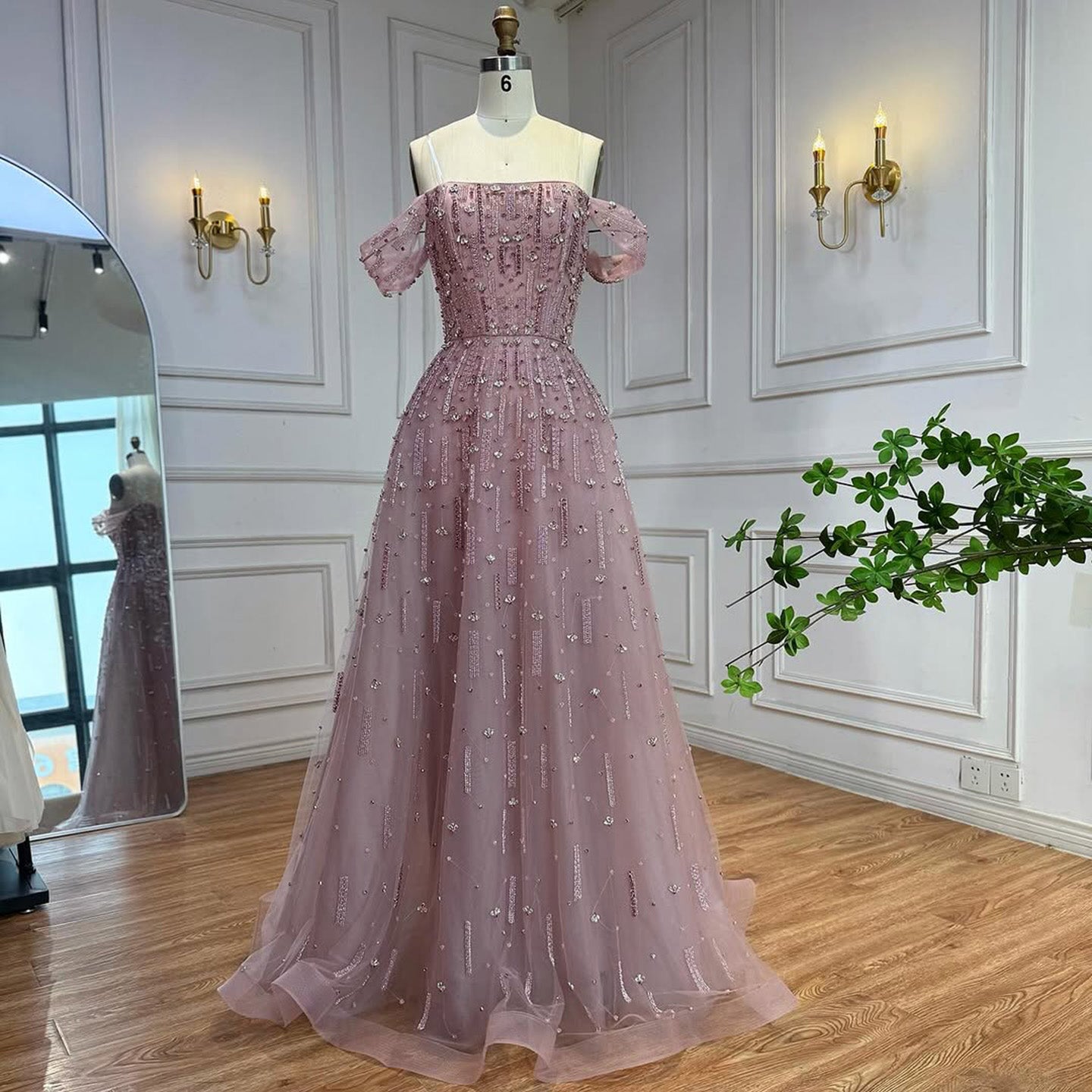Luxury Arabic Pink Off Shoulder Beaded A-Line Evening Dress LA73326 - SERENE HILL