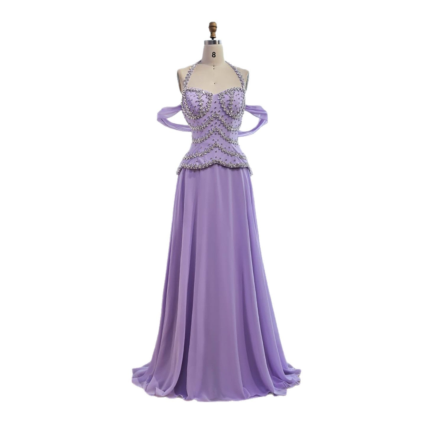 Luxury Arabic Lilac Chiffon Crystal Beaded A-Line Evening Dress LA73327 - SERENE HILL