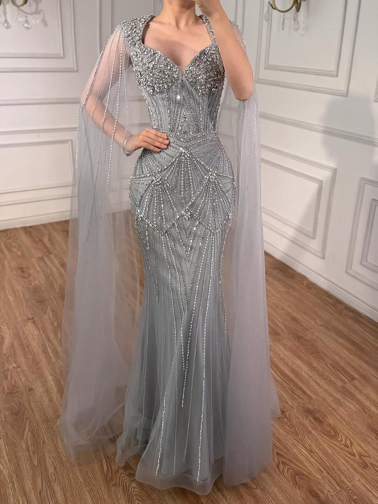 Luxury Dubai Pink Beaded Evening Dress With Cape LA73329 - SERENE HILL