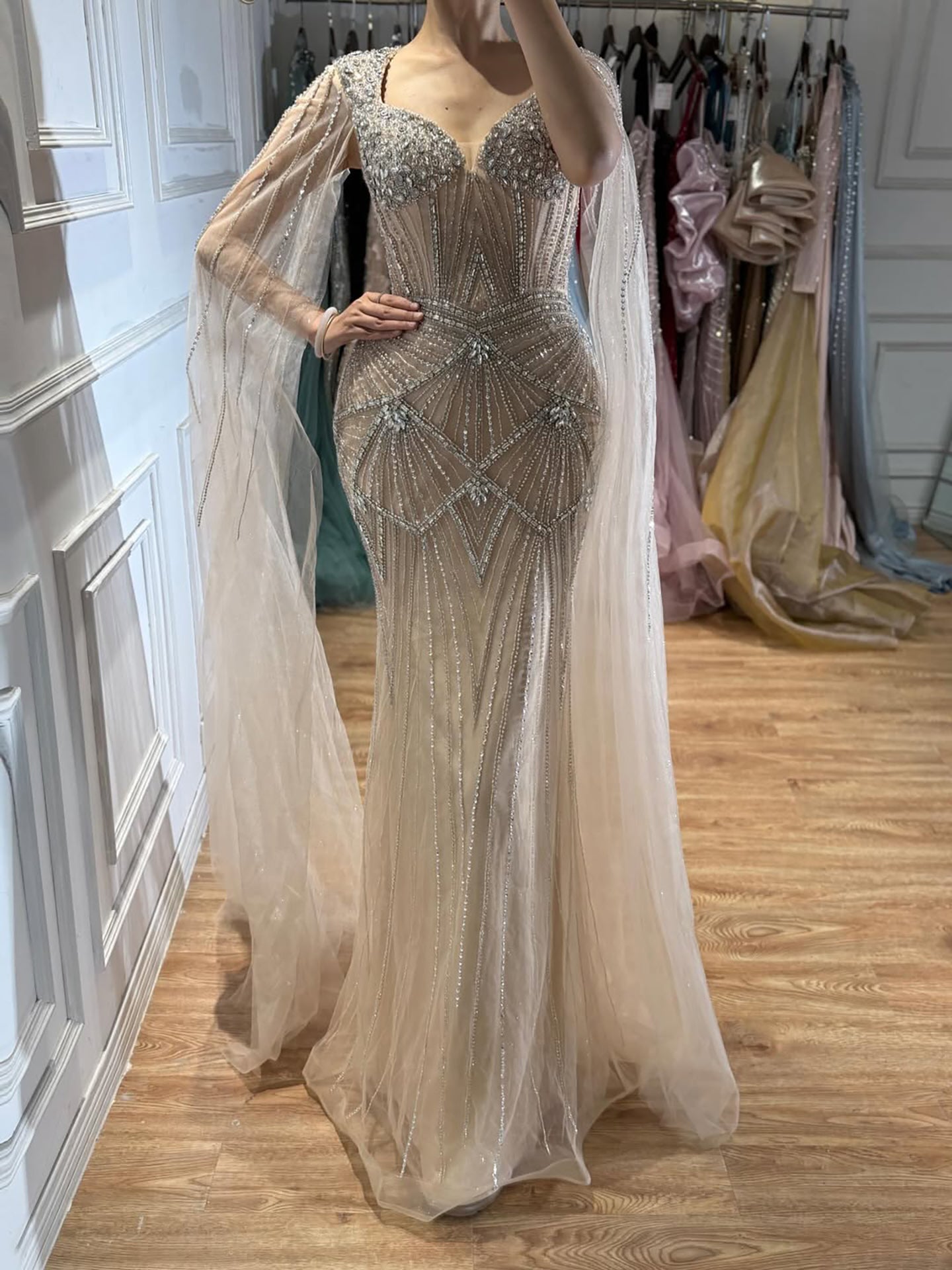 Luxury Dubai Pink Beaded Evening Dress With Cape LA73329