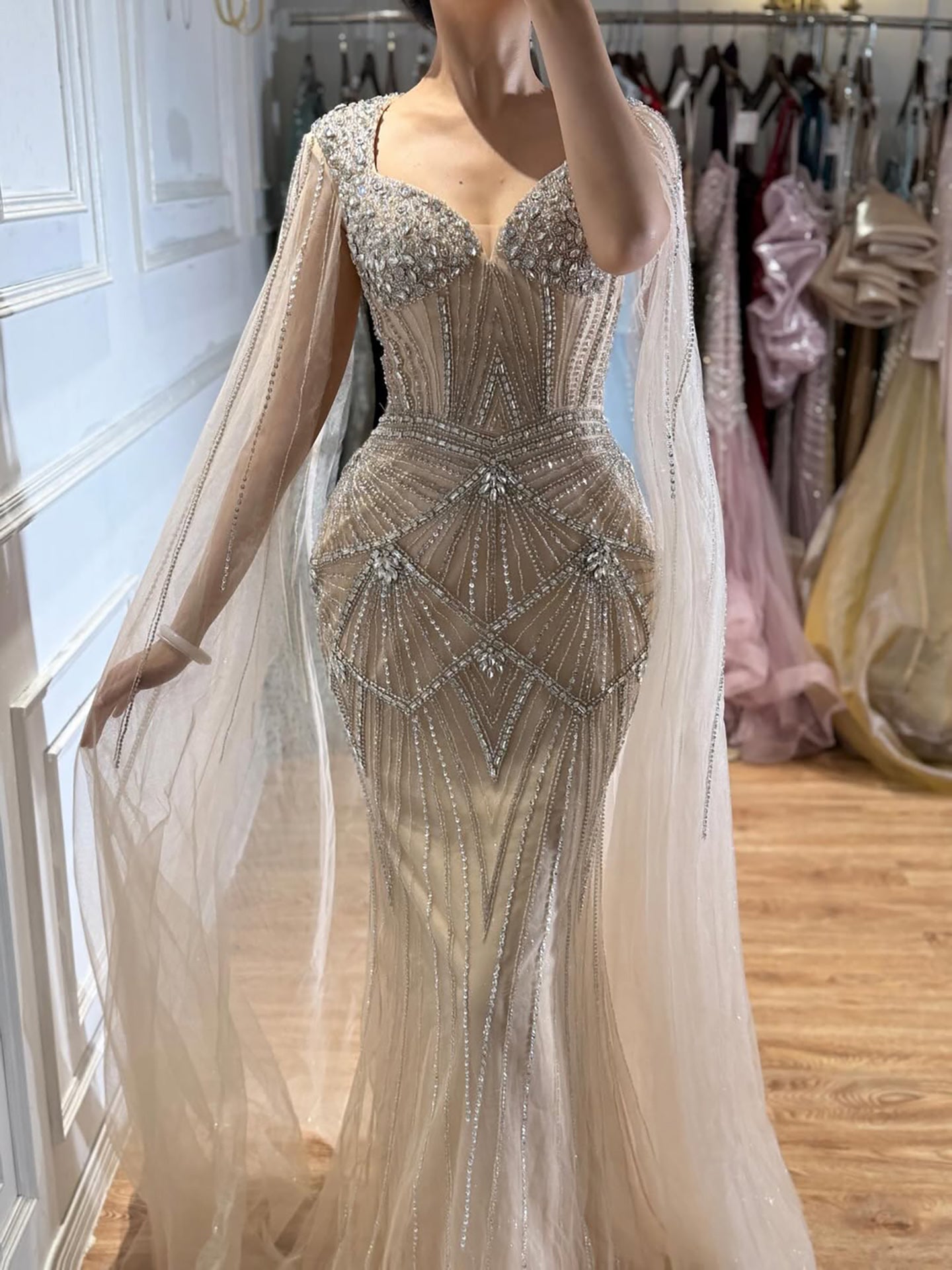 Luxury Dubai Pink Beaded Evening Dress With Cape LA73329