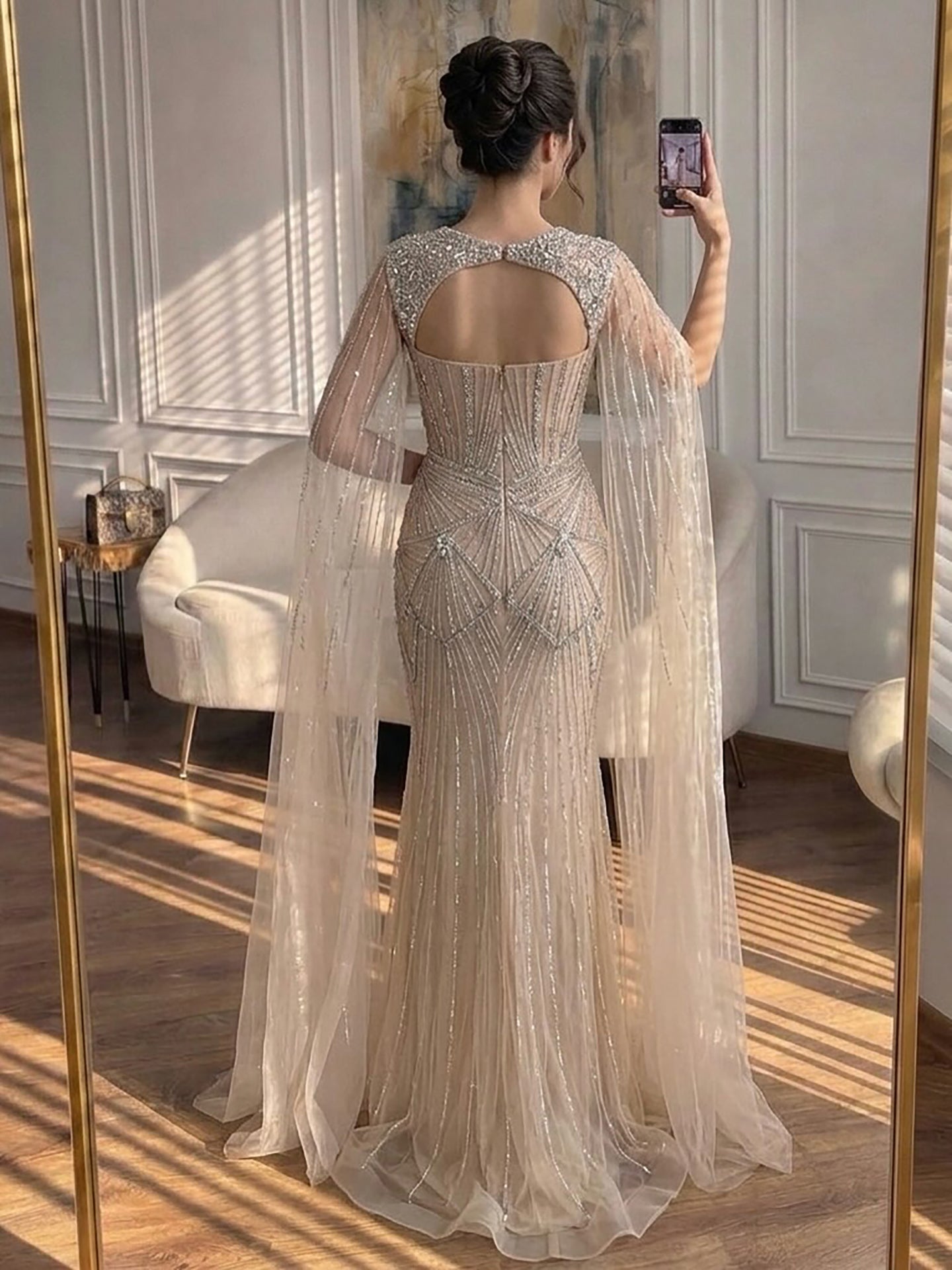 Luxury Dubai Pink Beaded Evening Dress With Cape LA73329