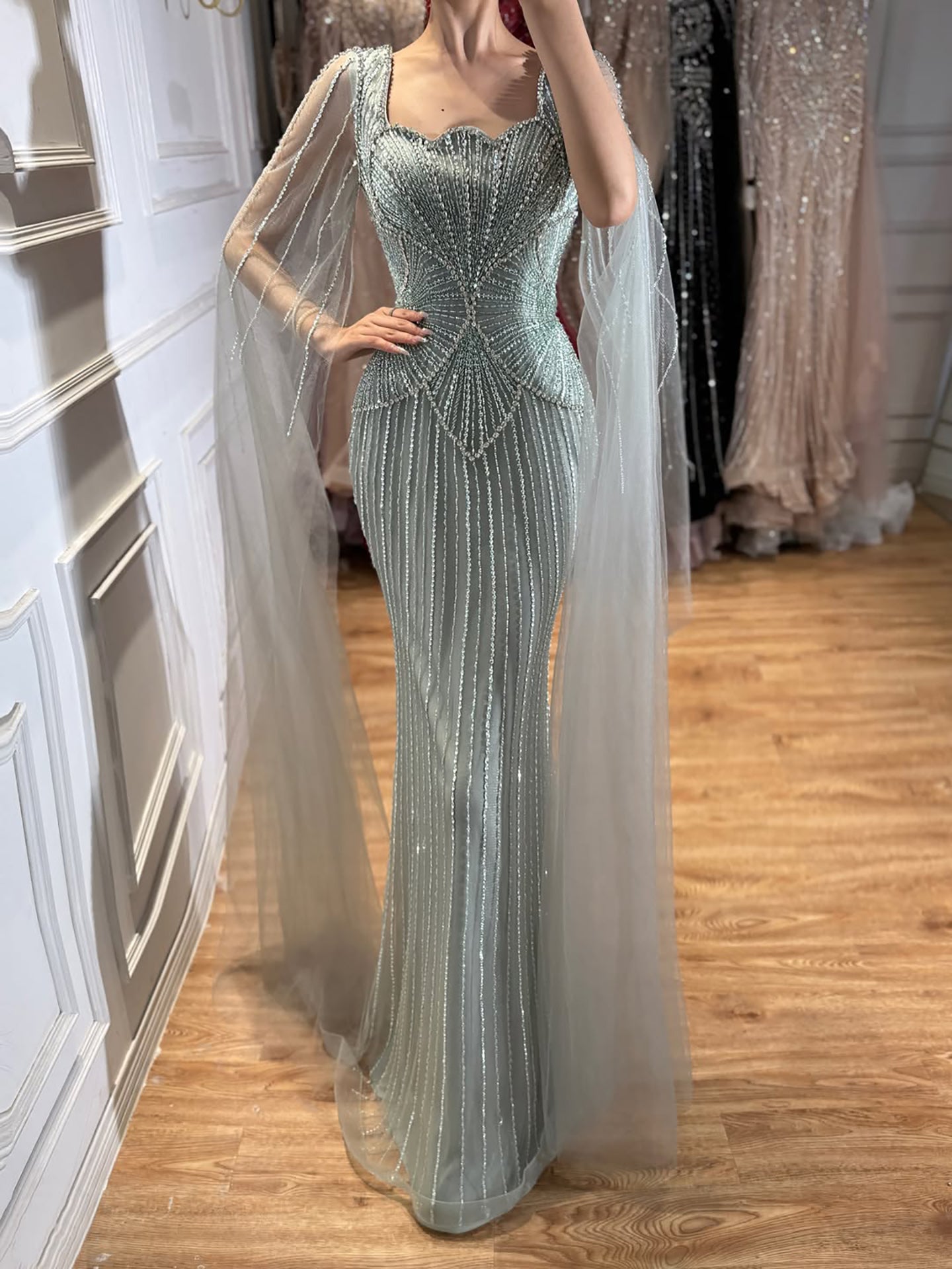 Luxury White Crystal Beaded Mermaid Gown with Split Cape Sleeves LA73333B SERENE HILL