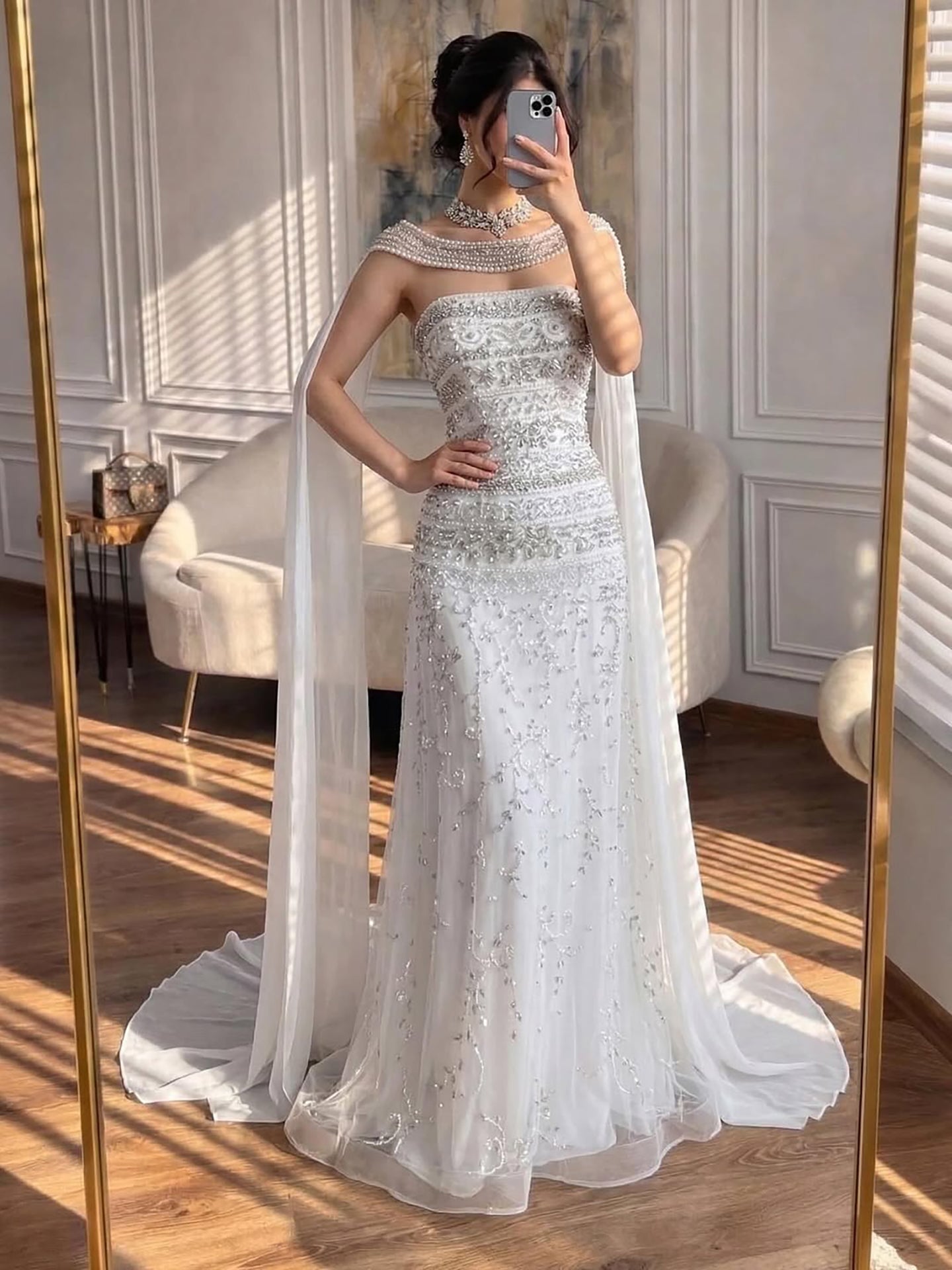 Luxury White Crystal Beaded Strapless Cape Evening Dress LA73334 - SERENE HILL
