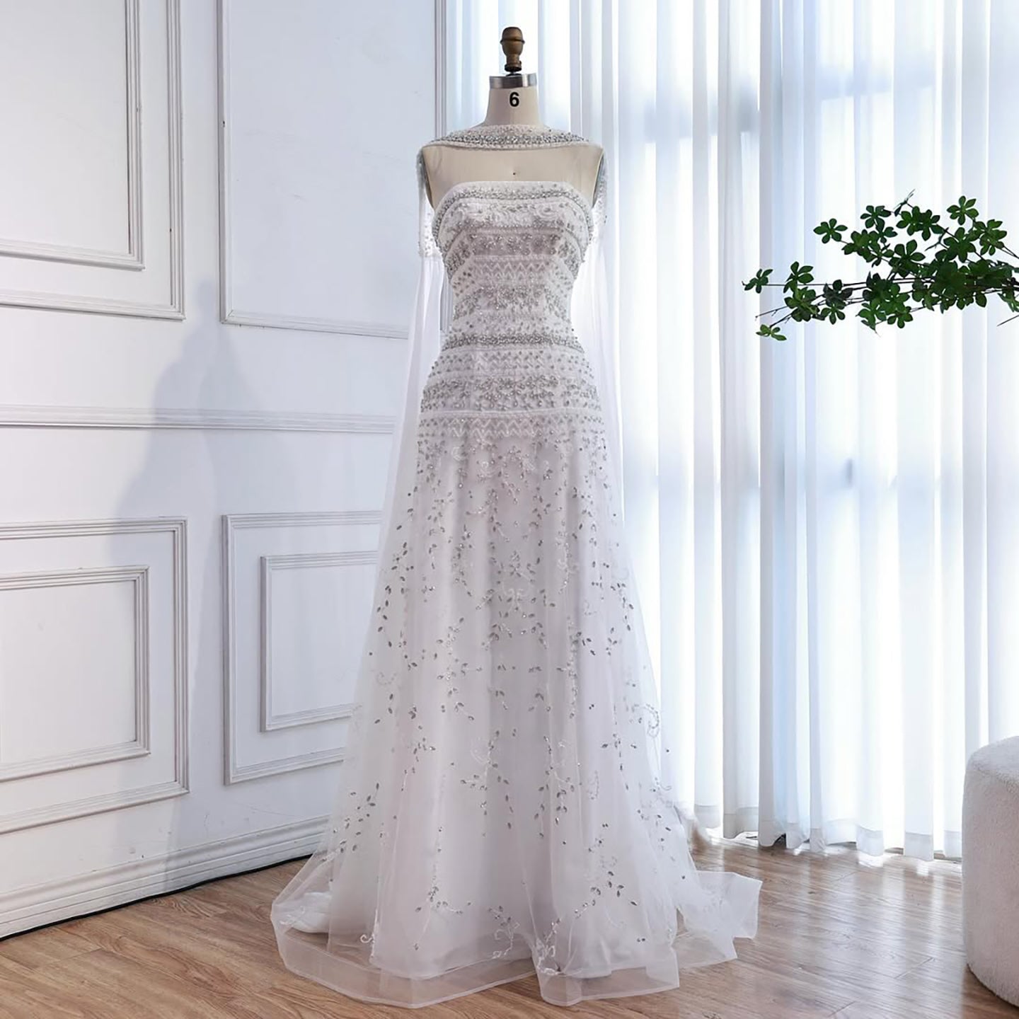 Luxury White Crystal Beaded Strapless Cape Evening Dress LA73334 - SERENE HILL