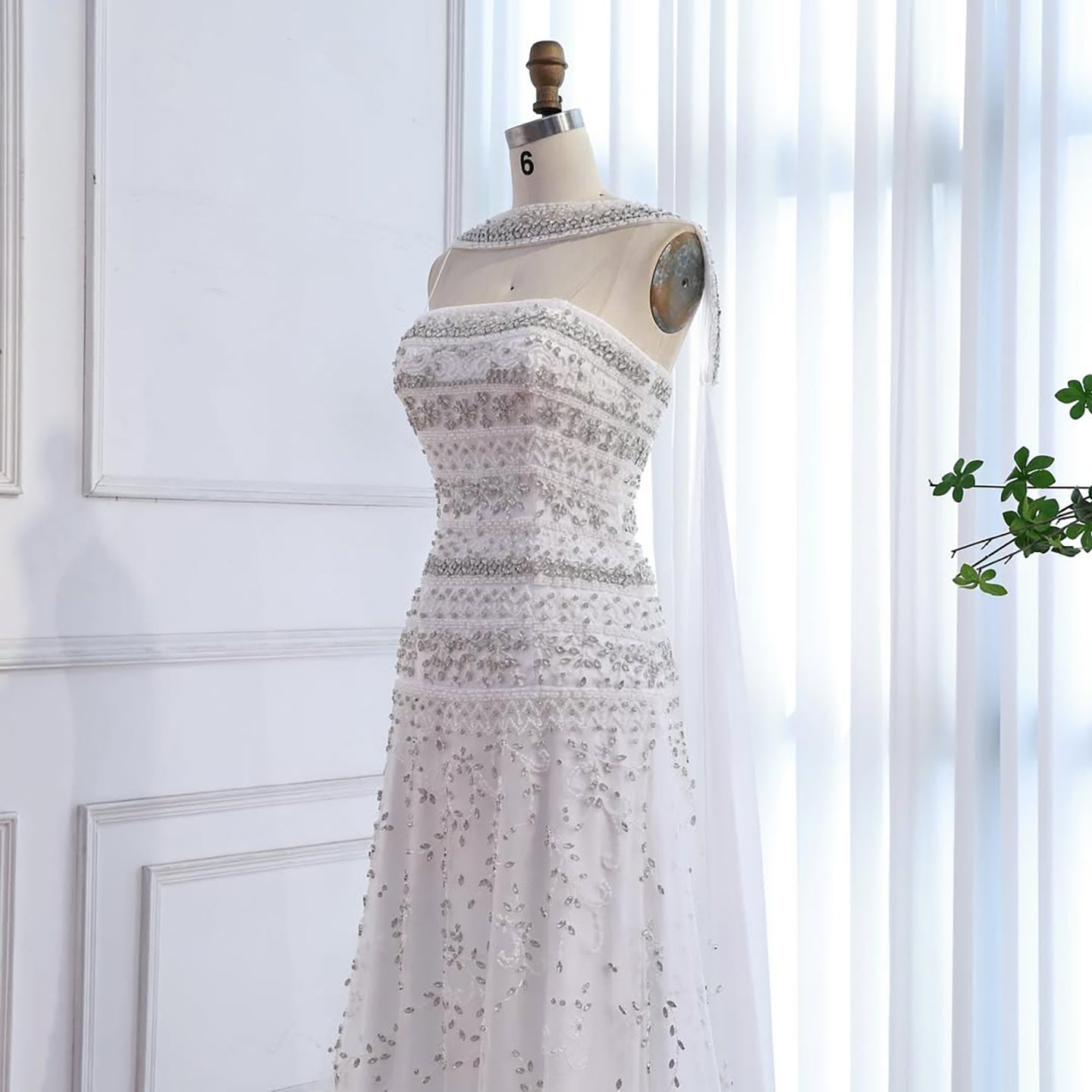 Luxury White Crystal Beaded Strapless Cape Evening Dress LA73334 - SERENE HILL