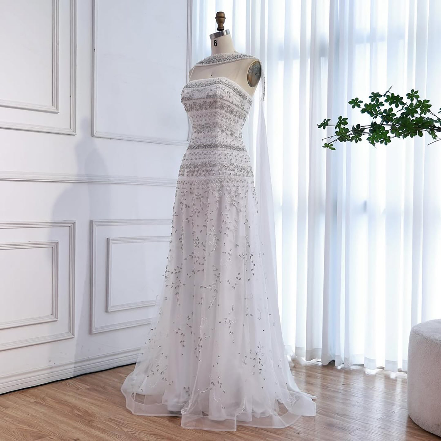 Luxury White Crystal Beaded Strapless Cape Evening Dress LA73334 - SERENE HILL