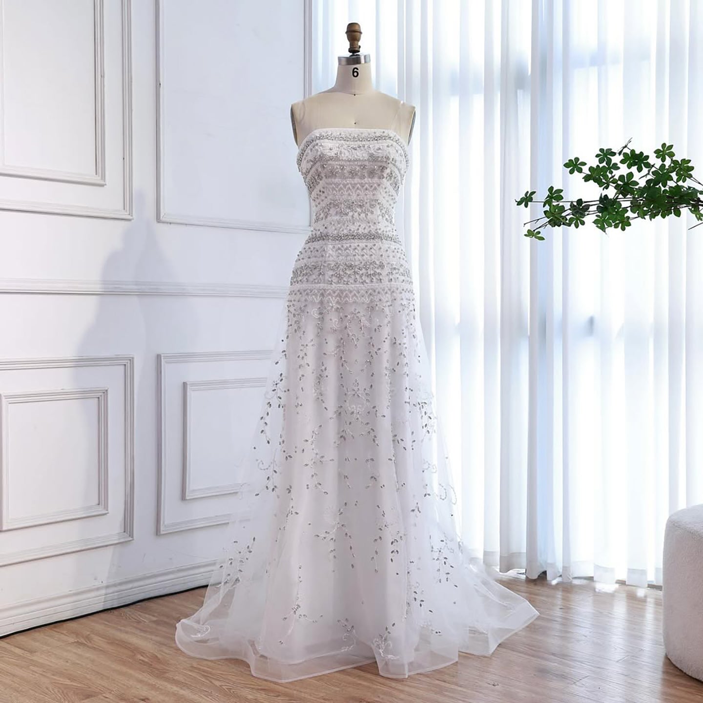 Luxury White Crystal Beaded Strapless Cape Evening Dress LA73334 - SERENE HILL