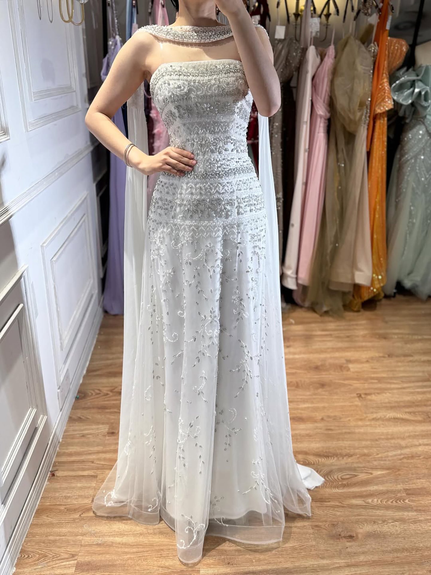 Luxury White Crystal Beaded Strapless Cape Evening Dress LA73334 - SERENE HILL