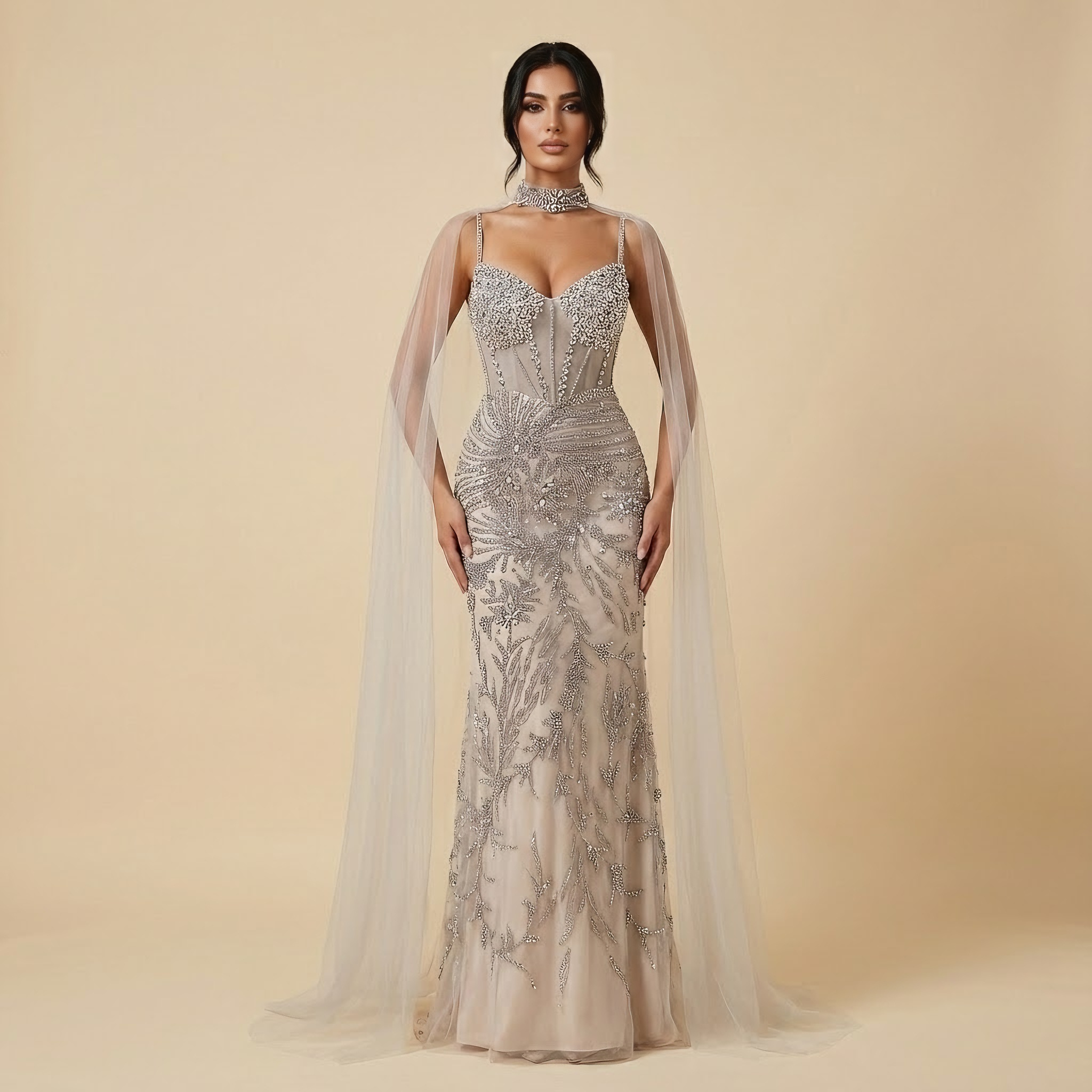 Luxury Evening Dress Grey Beaded With Cape Prom Gown LA73342 - SERENE HILL