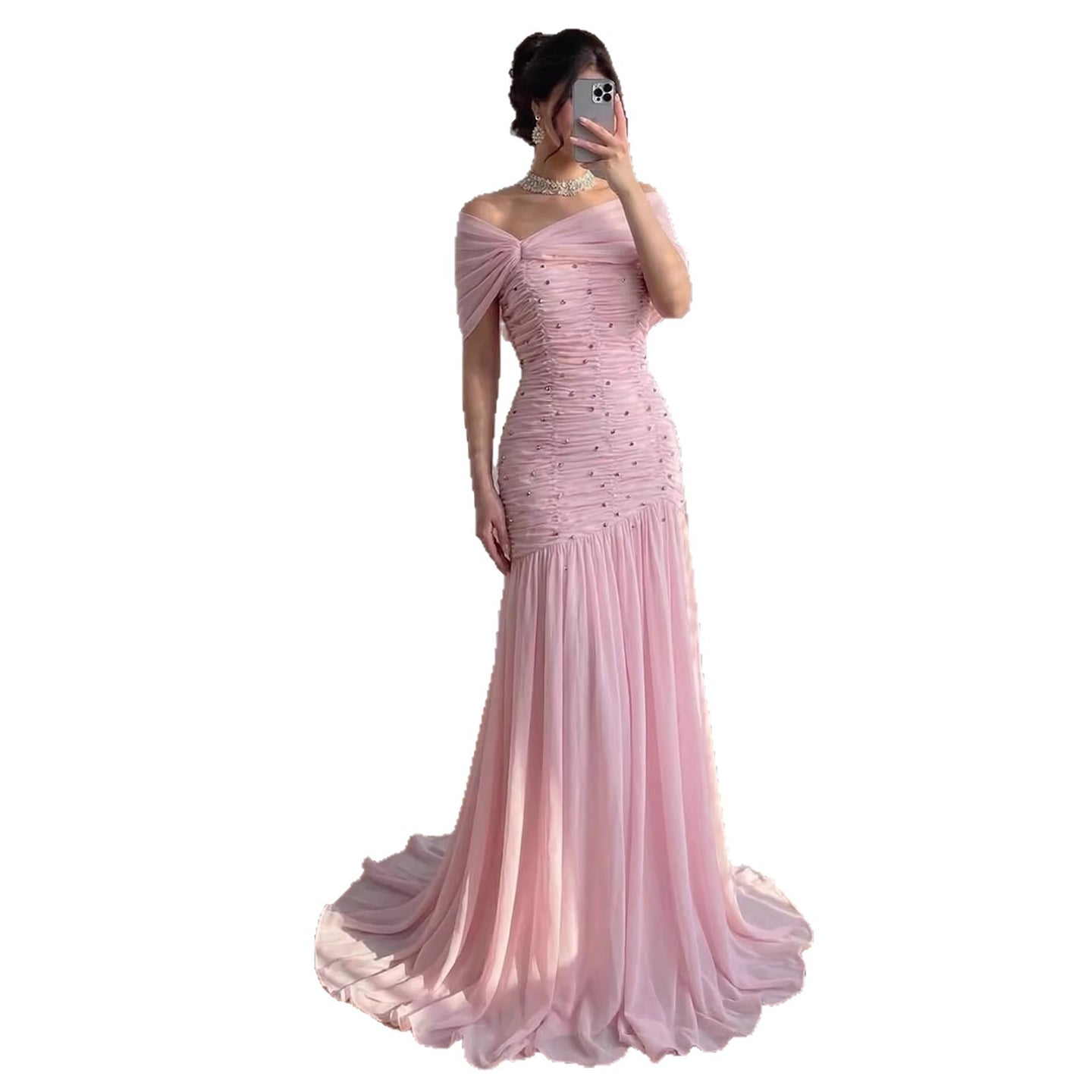 Luxury Pink Chiffon Beaded A-Line Evening Dress with Sheer Cape LA73347 - SERENE HILL
