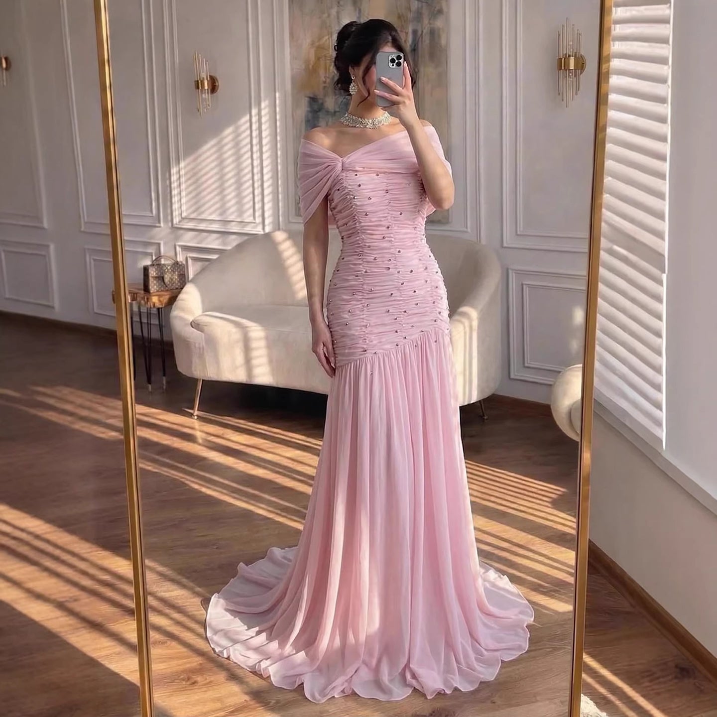Luxury Pink Chiffon Beaded A-Line Evening Dress with Sheer Cape LA73347 Pink / 10
