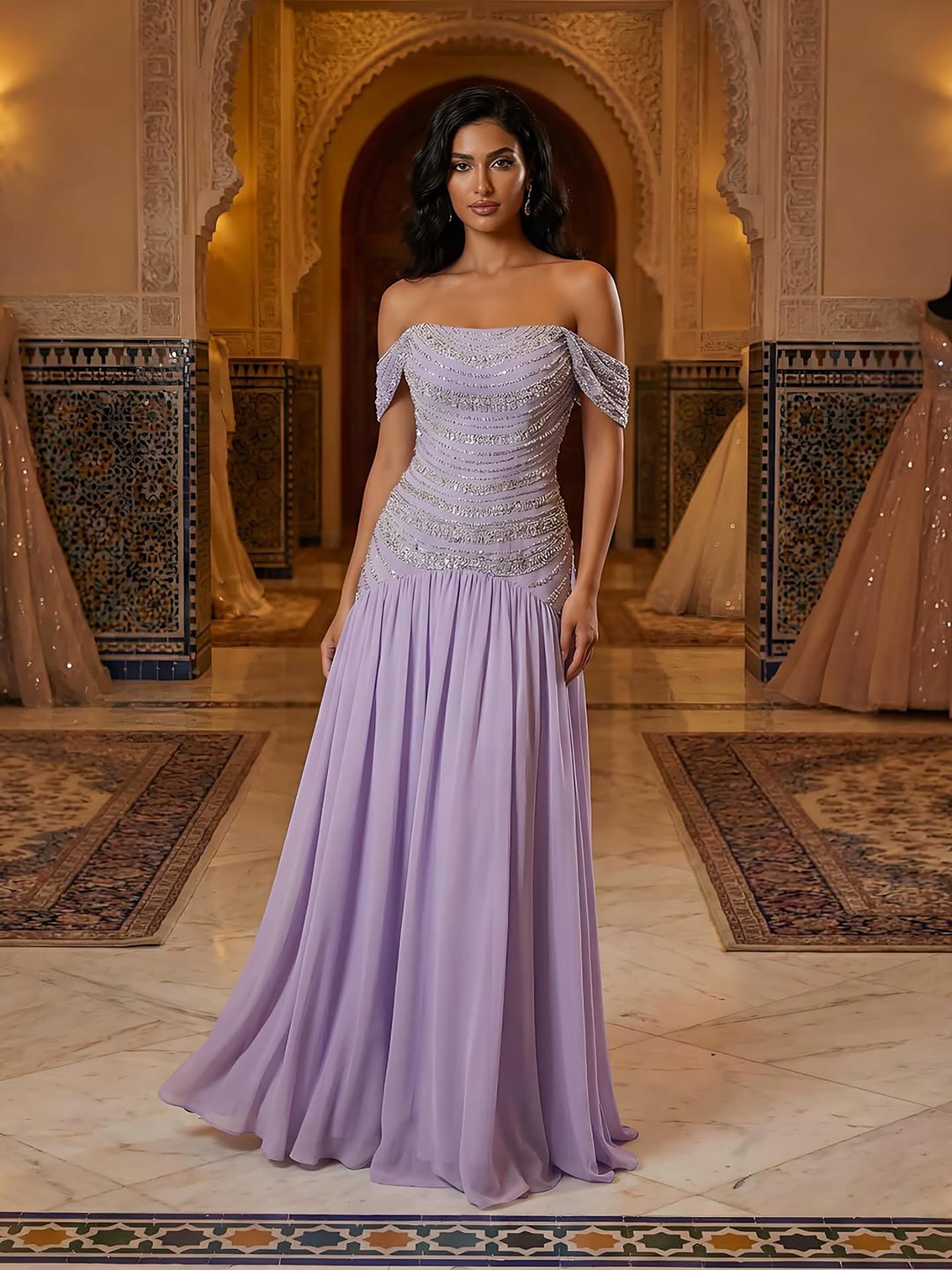 Luxury Evening Dress Yellow Off Shoulder Beaded A-Line Gown LA73350 - SERENE HILL