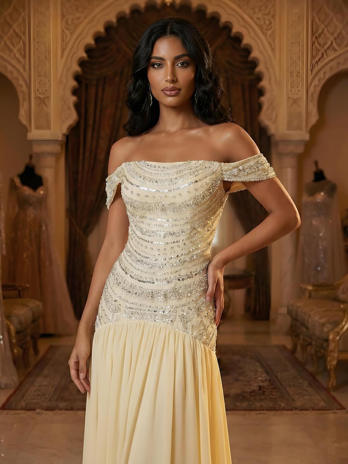 Luxury Evening Dress Yellow Off Shoulder Beaded A-Line Gown LA73350 - SERENE HILL