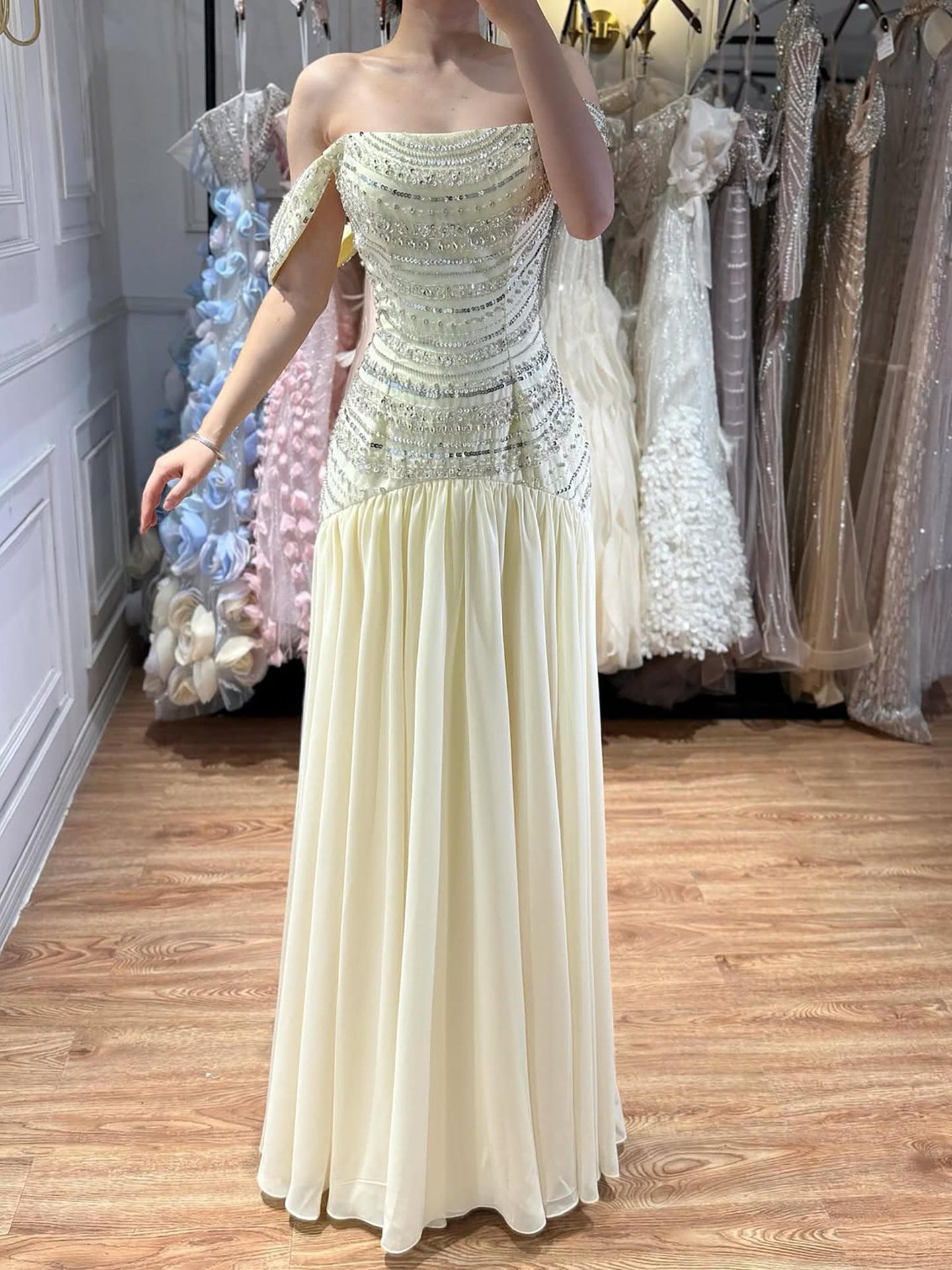 Luxury Evening Dress Yellow Off Shoulder Beaded A-Line Gown LA73350 - SERENE HILL
