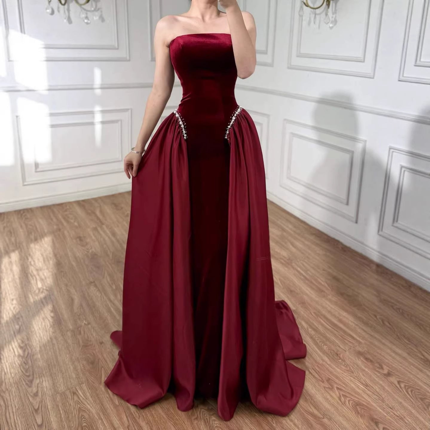 Luxury Navy Blue Mermaid Pearls Evening Dress Gowns With Skirt LA73351