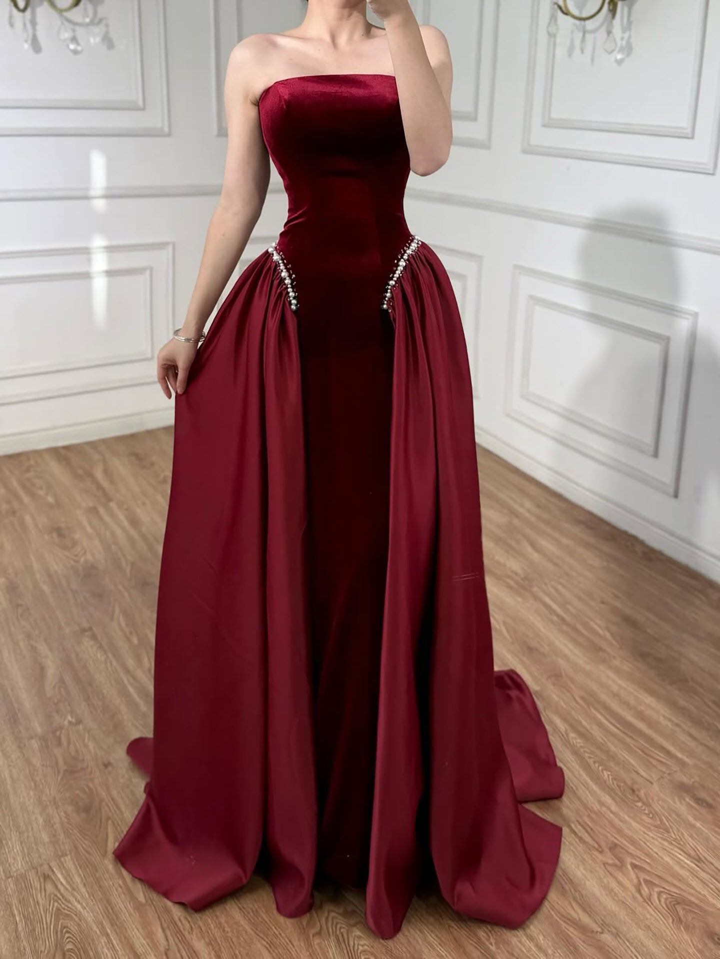 Luxury Navy Blue Mermaid Pearls Evening Dress Gowns With Skirt LA73351