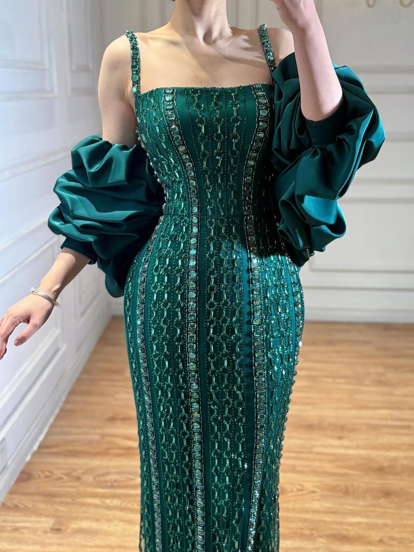 Luxury Kosovo Green Square Beaded Evening Dress with Cape LA73355 - SERENE HILL