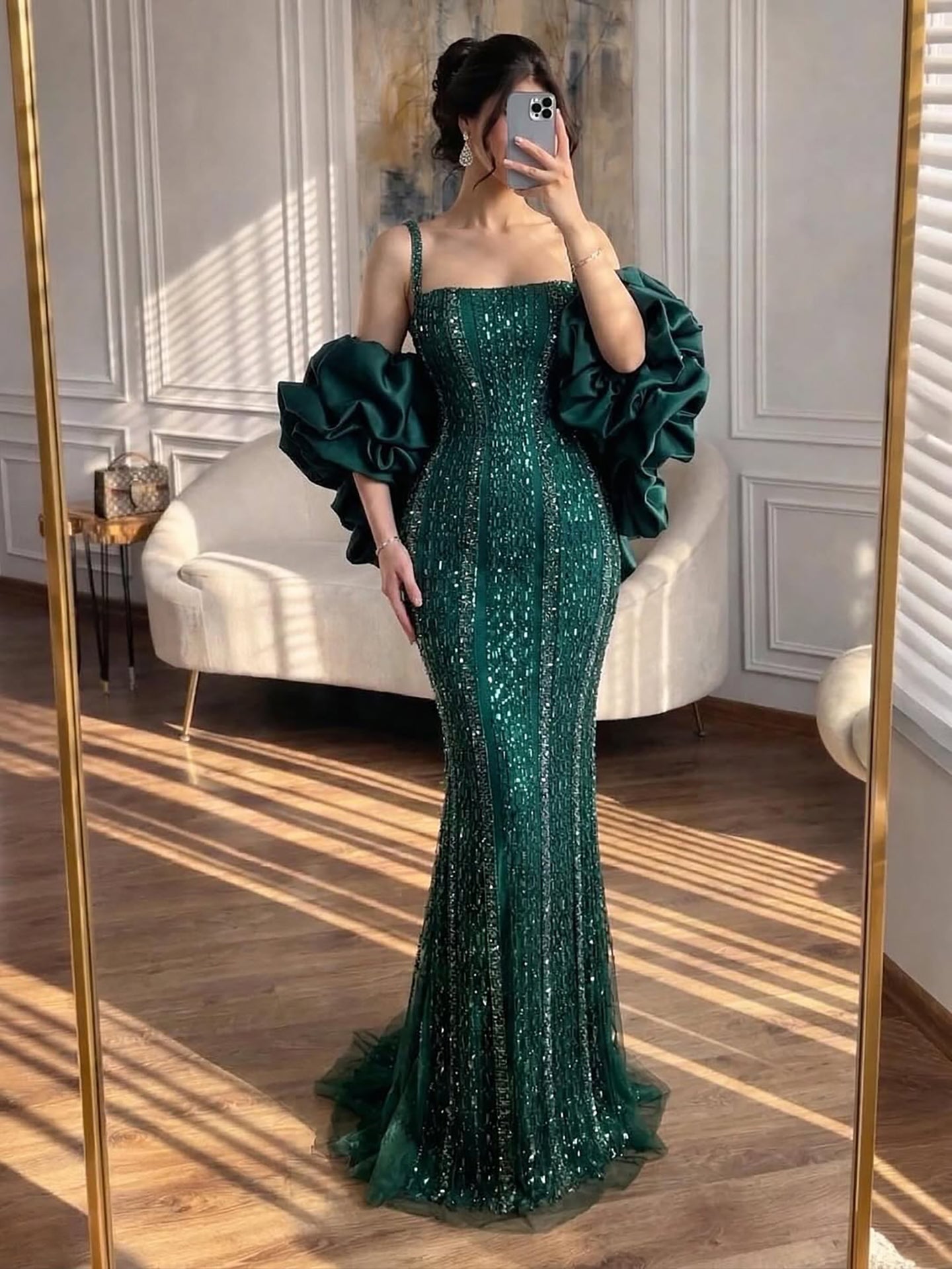 Luxury Kosovo Green Square Beaded Evening Dress with Cape LA73355 - SERENE HILL