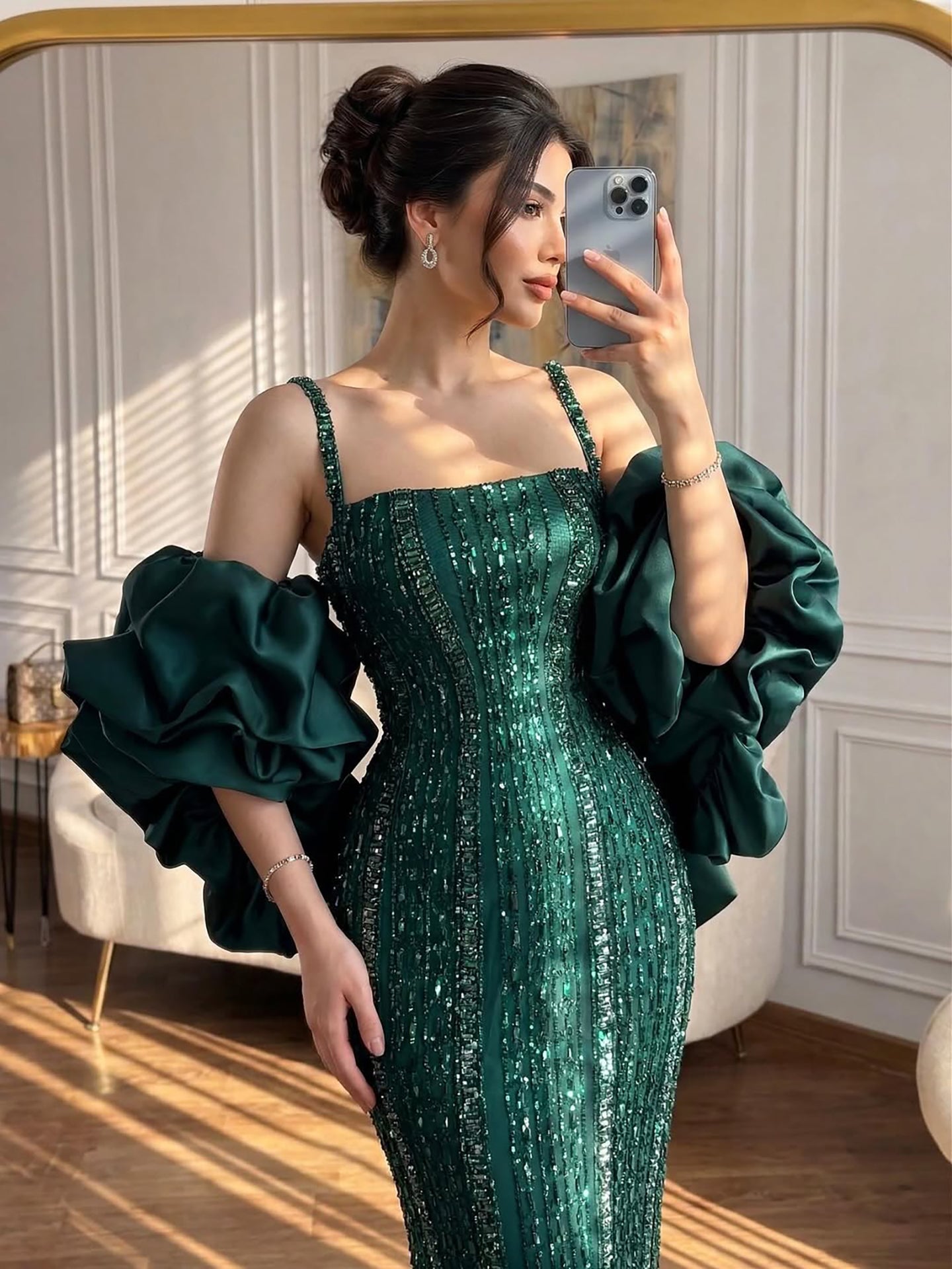 Luxury Kosovo Green Square Beaded Evening Dress with Cape LA73355 - SERENE HILL