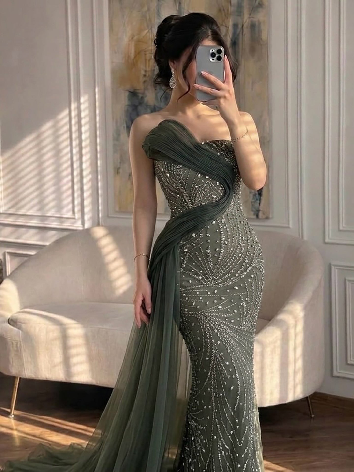 Luxury Arabic Olive Green Ruffles Evening Dress with Train LA73356